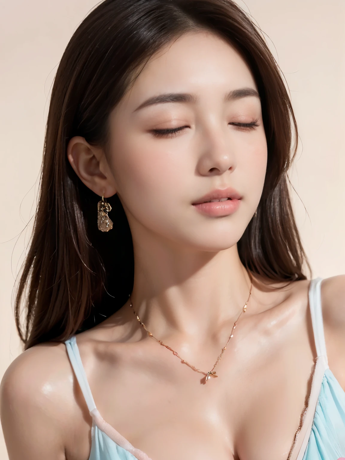 ((((highest quality))))、(((Ultra-precision CG16K wallpaper)))、(((masterpiece)))、(((Super detailed)))、(((super extreme details)))、１people&#39;s women、mature woman、24 year old woman、((Japanese face))、((very beautiful face))、((Beauty:1.5))、((straight semi-long hair:1.3、blunt bangs))、(shiny brown hair)、beautiful delicate eyes、brown eyes、raised eyebrows、high nose、small nostrils、small mouth、seductive lips、beautiful breasts、((C cup size breasts))、cleavage、plump body、(Chubby body type)、perfect proportions、perfect anatomy、perfect composition、beautiful detailed shading、beautiful natural lighting、beautiful detail glow、Depth of the bounds written、(((High chroma)))、(((real:1.9)))、((vivid:1.5))、((edge:1.6))、((beautiful skin))、((skin texture))、((realな皮膚感))、(((close up shot:1.5)))、((Angle seen from the front:1.6))、((face with open mouth and closed eyes:1.7))、(Raise your chin:1.5)、Bright daylight、Natural light、(((blush、sexy、pleasure、trance:1.8)))、((half-open lips:1.7))、((necklace、Wearing earrings:1.3))、