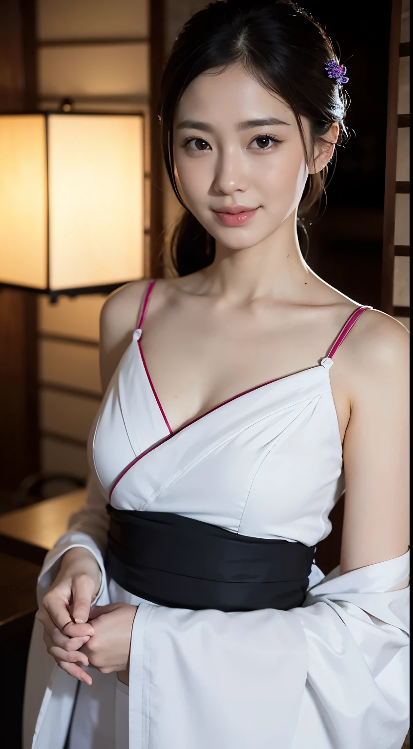 masterpiece, exquisite, high-resolution, single woman, blonde, medium hair, asymmetrical hair, floating hair, blindfold, high ponytail, side lock, hair ornament, fish hair ornament, tassels, kanzashi, bangs, orange eyes, open mouth, smile, teeth, upper teeth only, choker, red choker, pendant choker, butterfly choker, collarbone, tattoo, chest tattoo, flower tattoo, cleavage, middle chest, thigh, bandage, bandaged leg, sarashi, budget sarashi, chest sarashi, black sash, hadanugi dosa, broomstick, kimono, kimono, drawstring, obi, obiage, obijime, orange kimono, drawstring, patterned kimono, rope, obi, shimenawa, short kimono, bare shoulder, genshin, East Asian architecture, cherry blossoms, whole body, arms behind the head,