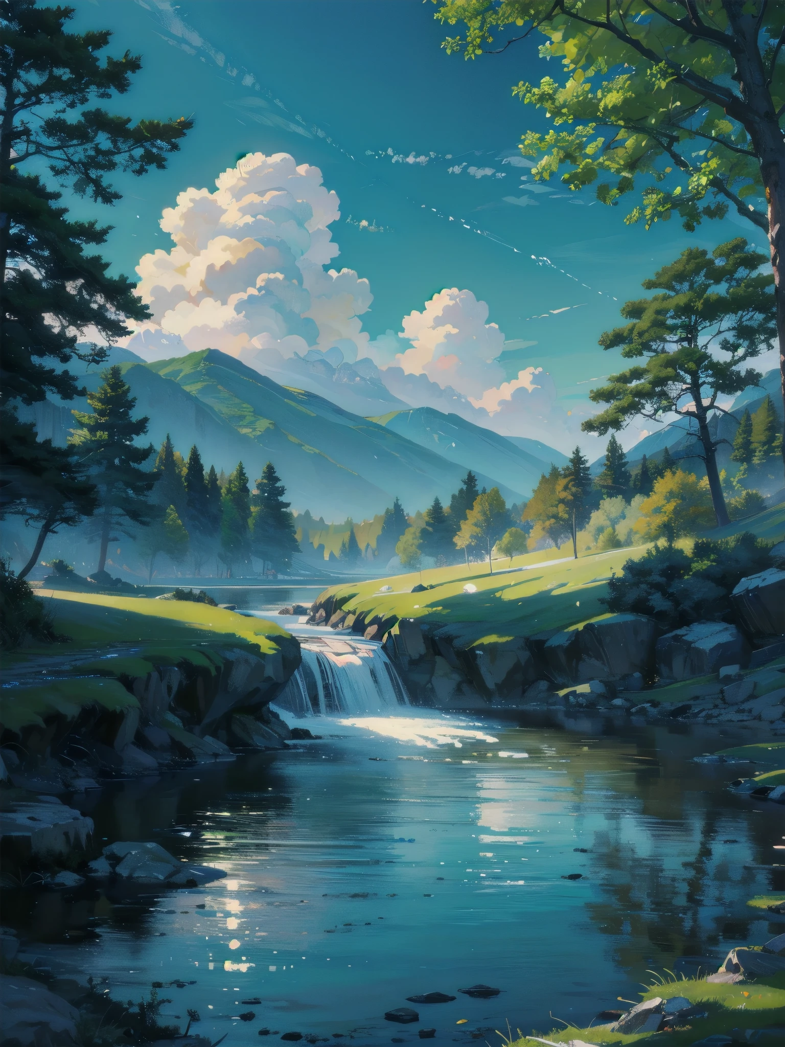 (scenery, masterpiece, best quality:1.6), no human, landscape, 8k, raw photo, absurdres, (open sky,blue sky:1.2), cloud, river, (woods, small waterfall, weeds:0.8), perspective, depth of field, HDR, sharp focus, highres, photography, realistic, highest detailed, extreme detailed, ultra detailed, finely detail