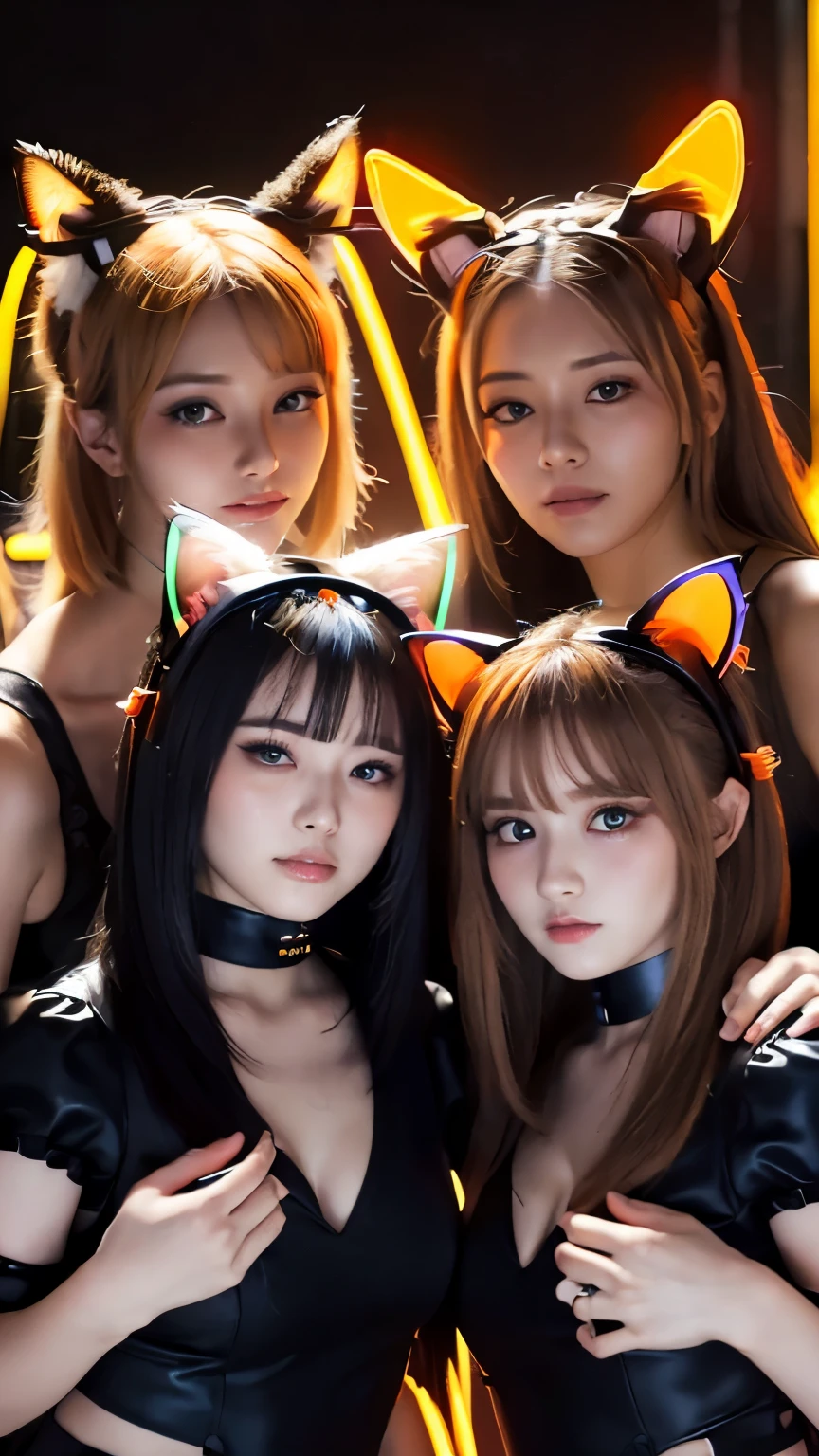 masterpiece, 4k, Bokeh, beautiful face, Harem, (multiple girls:1.4), (Group Photo:1.5), (Cat ears:1.3), (white bob hair:1.3) , looking at the viewer, cowboy shot, holding many cats in both hands, (Neon orange background :1.4), closeup