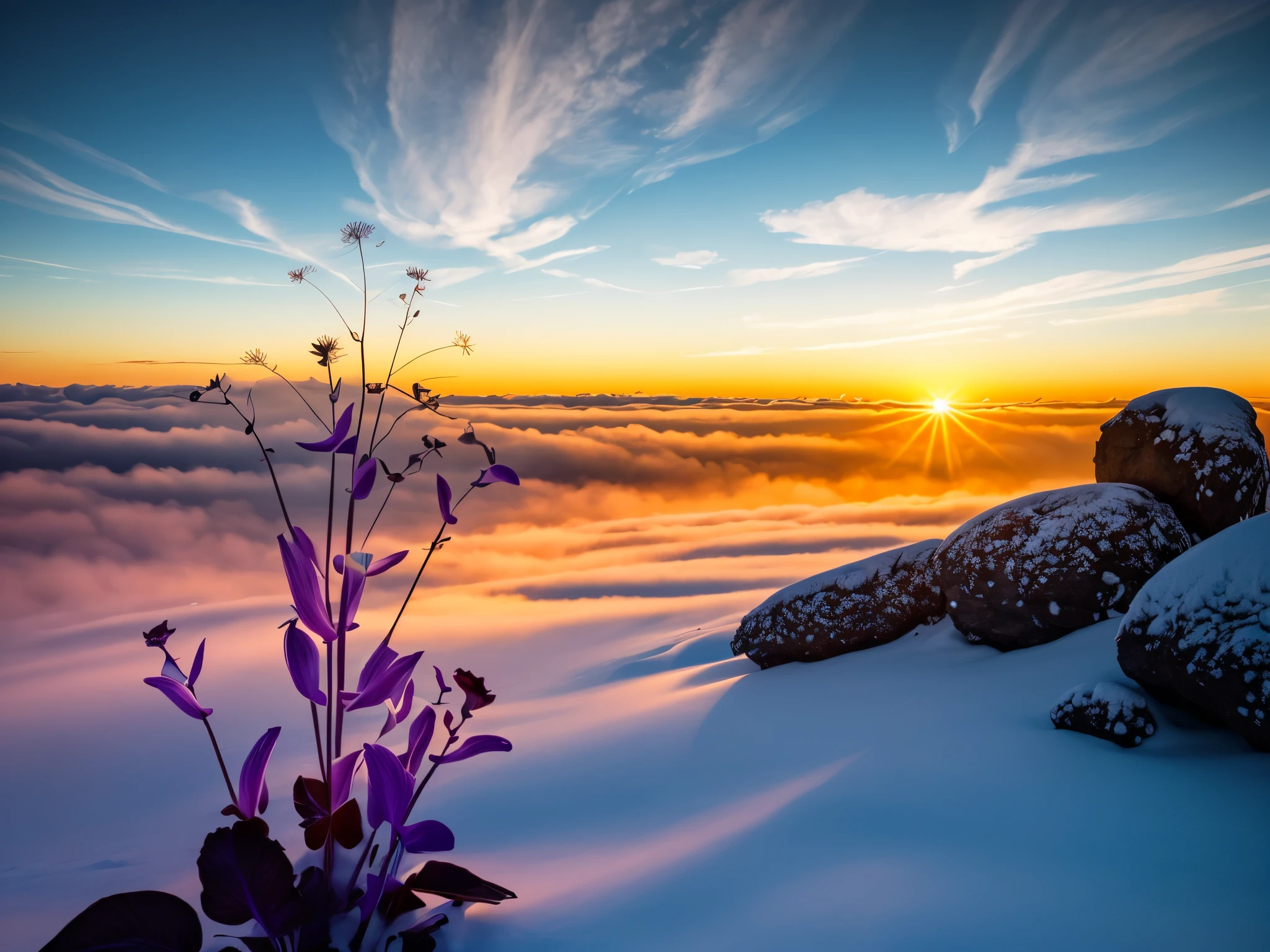 author：Mikko Lagerstedt，  高大flower朵,  flower，（plateau），（snow mountain），Blue sky and white clouds，（RAW photos，best quality），（reality，照片reality感：1.3），masterpiece，extremely delicate and beautiful，high resolution，Original，perfect lighting，（Extremely detailed CG：1.2），Unite，2k wallpaper，amazing，fine details