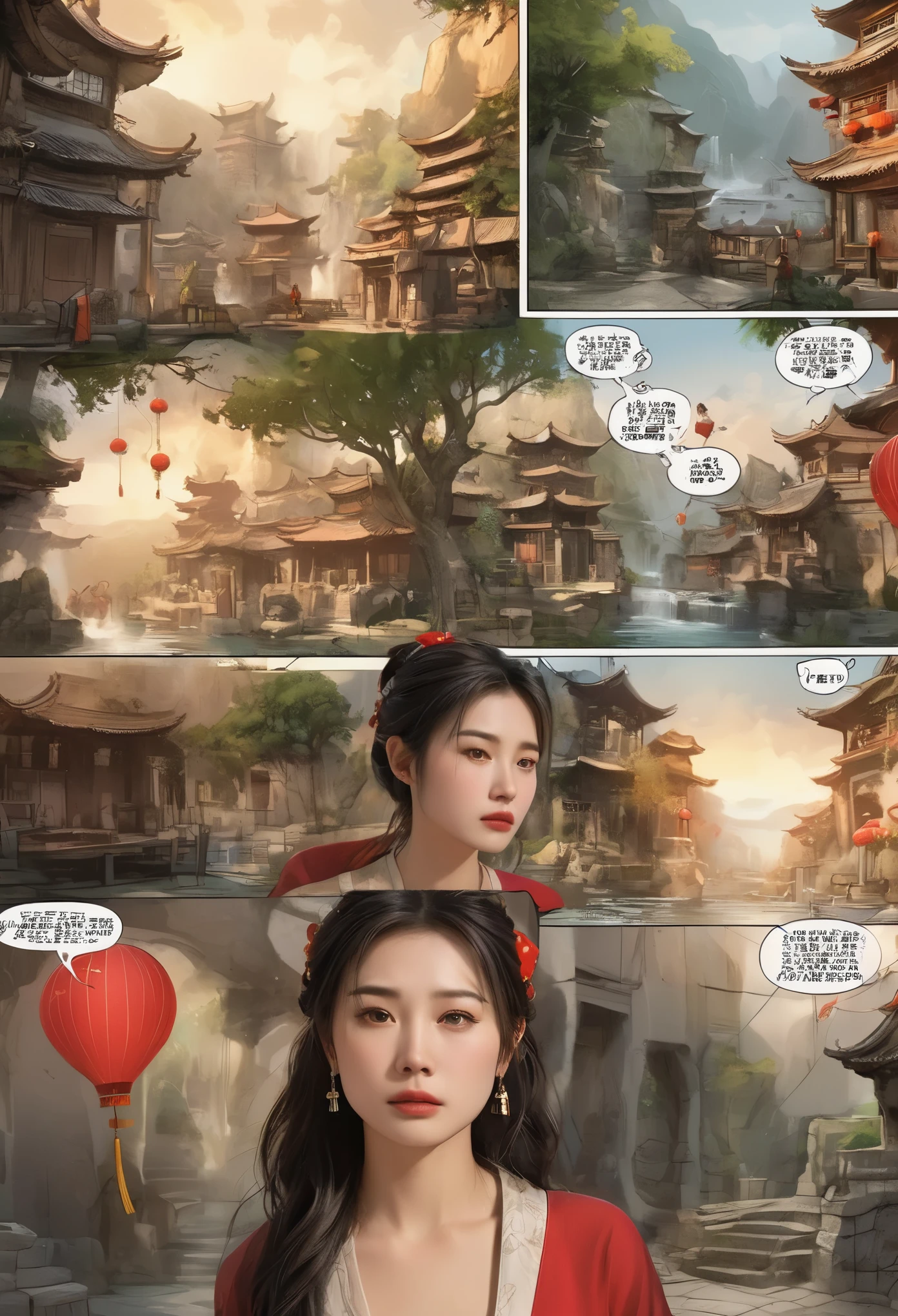 Comic storyboard:1.8, cry,comic strip_layout,Chinese woman，The beautiful，Costume dress，32K ，hyper HD, ， anatomy correct，fantasy，Comics-like panel layout, Voice balloons, English text, Hand drawn audio stickers used in comics, 3d, realistic