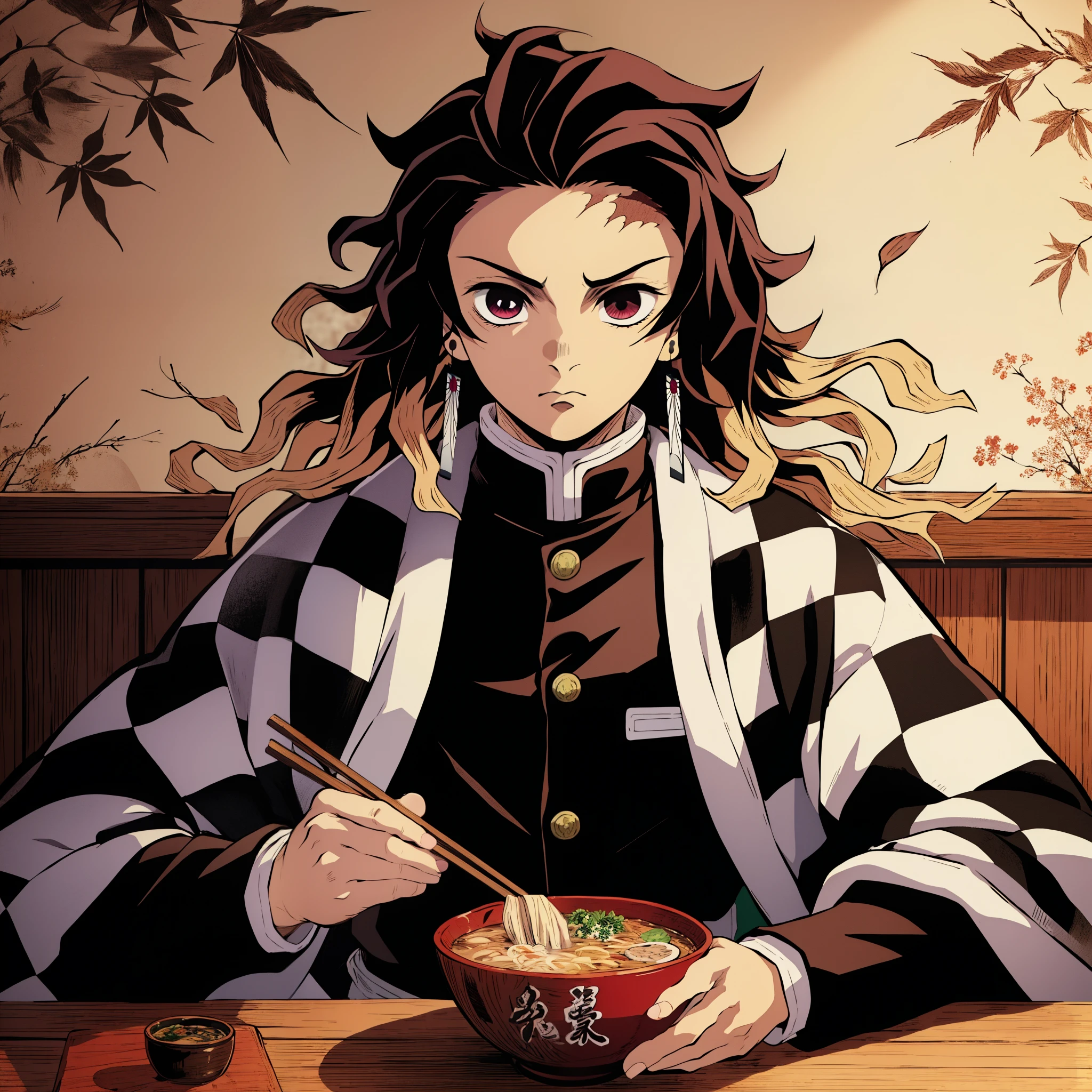 (masterpiece, best quality:1.2), kimetsu no yaiba style, kamado tanjiro, (1boy, solo), upper body, (front view, looking at viewer), long hair, earrings, scar on forehead, serious expression, demon slayer uniform, black jacket, long sleeves, green haori, black pants, white belt, eating ramen, holding chopsticks, wooden table