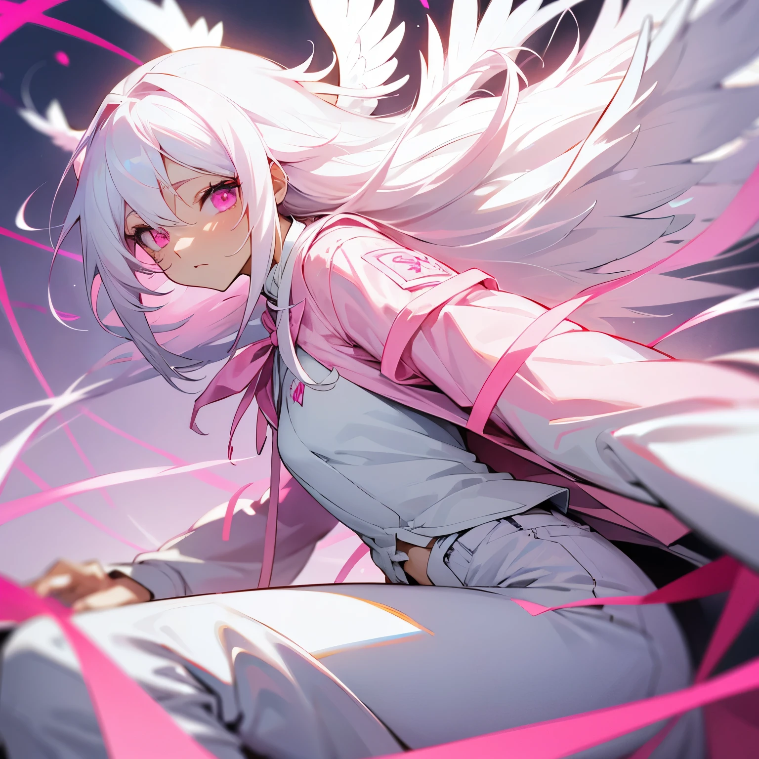 anime, long white hair, pink eyes, wearing a pink ribbon, white shirt, pink jacket, white pants, wearing white wings