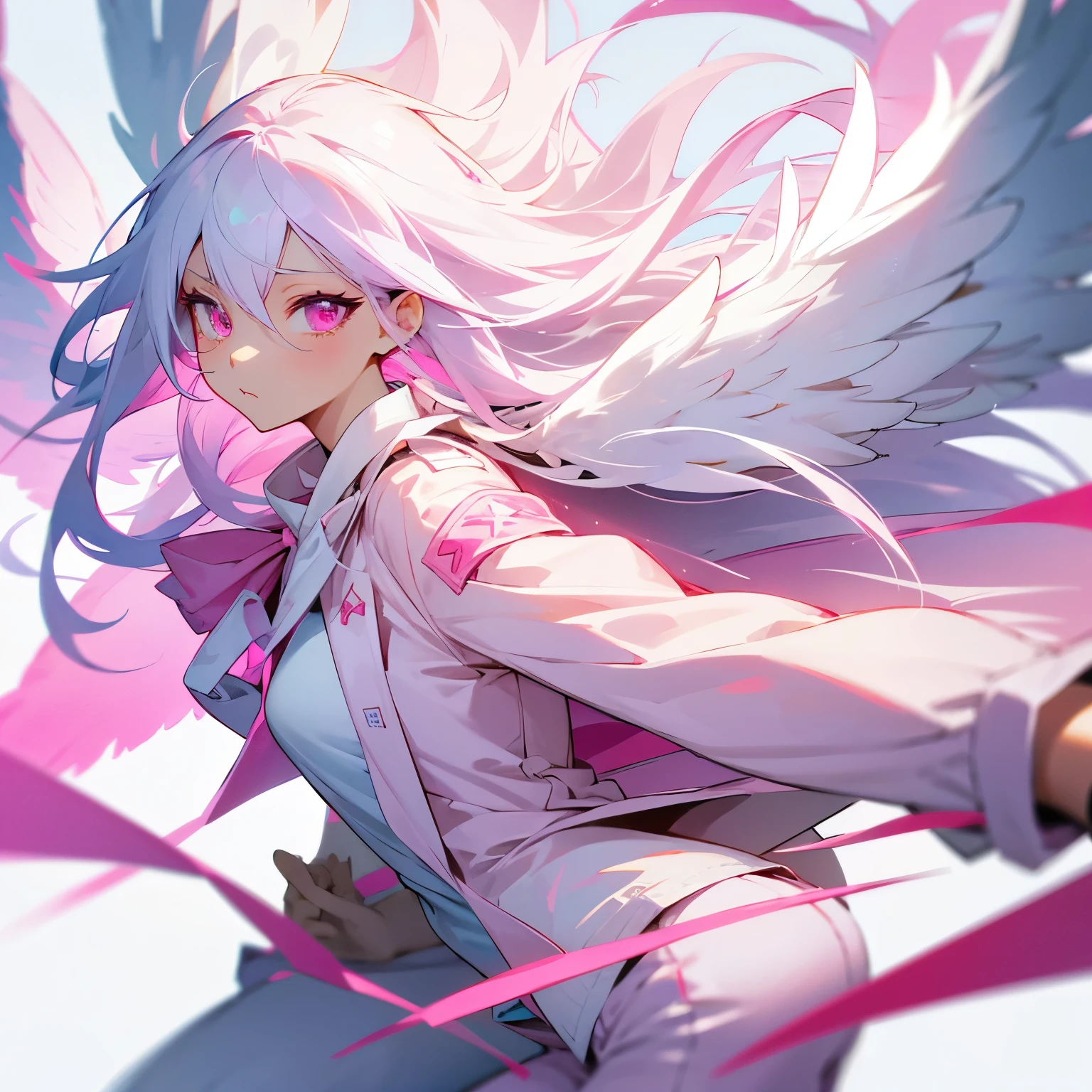 anime, long white hair, pink eyes, wearing a pink ribbon, white shirt, pink jacket, white pants, wearing white wings