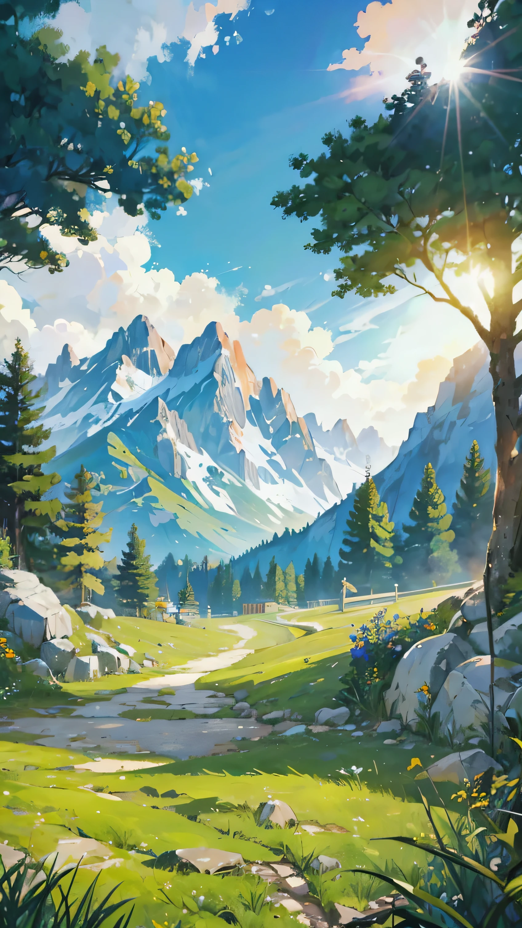 views of the stunning mountain views at Daylight sunshine. Its towering, snow-capped peaks are bathed in the bright gold of sun-drenched clouds. In the foreground, there is a quiet meadow with a path leading to a wooden picnic table, surrounded by trees and large rocks. The view exudes a peaceful natural beauty that invites contemplation and appreciation of the majesty of nature, simple detailed, Ghibli studio anime art style, flat vector art style, niji style midjourney