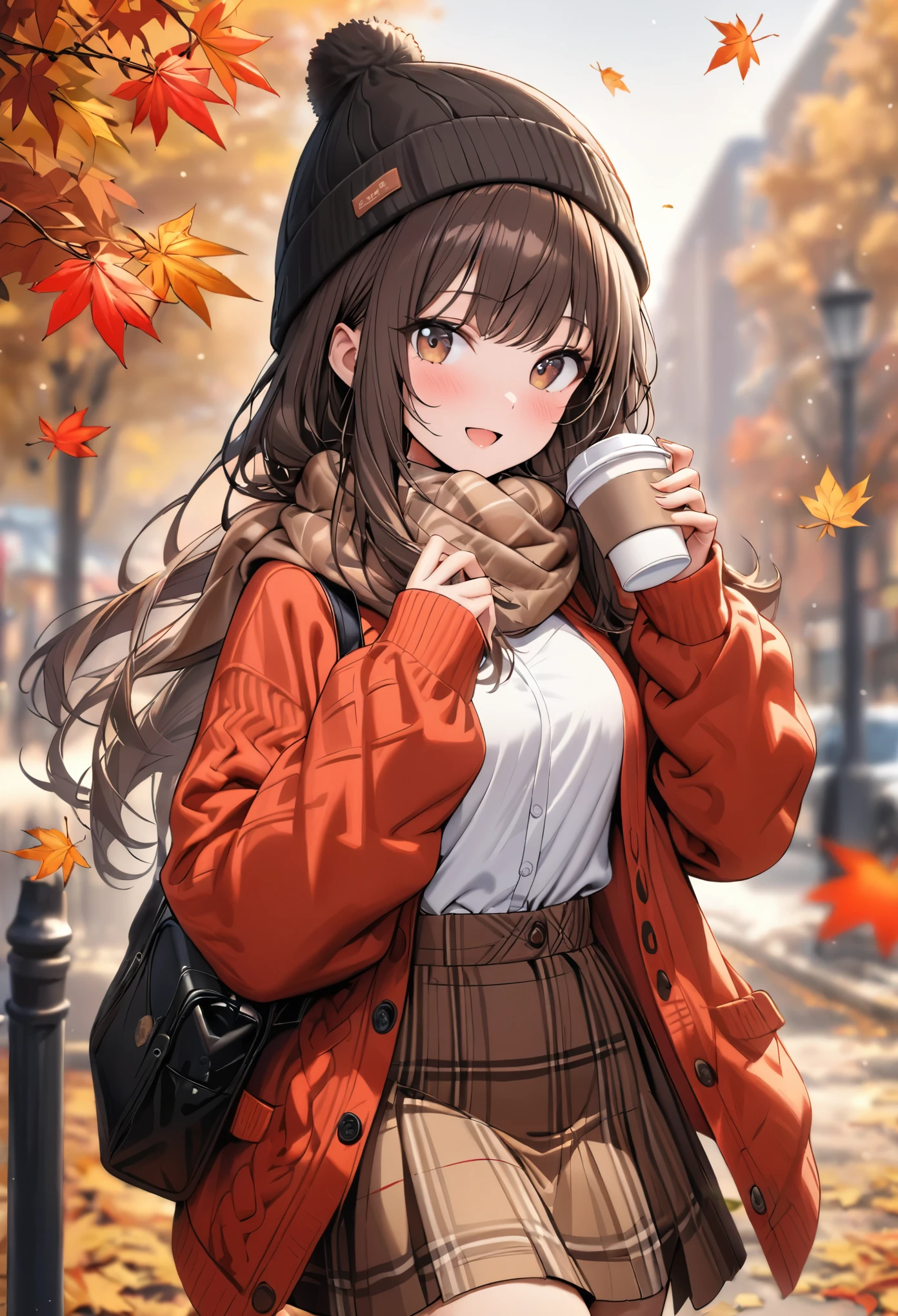 1girl, autumn leaves, bangs, black headwear, blurry background, blush, brown eyes, brown hair, brown scarf, brown skirt, cardigan, coffee, cowboy shot, cup, disposable cup, drink, falling leaves, beanie, holding, holding drink, leaf, long hair, long sleeves, looking at viewer, open cardigan, open mouth, plaid, plaid skirt, puffy long sleeves, red sweater, scarf, shirt, shirt tucked in, sidelocks, skirt, smile, solo, sweater, white shirt, extremely detailed, intricate, masterpiece, absurdres