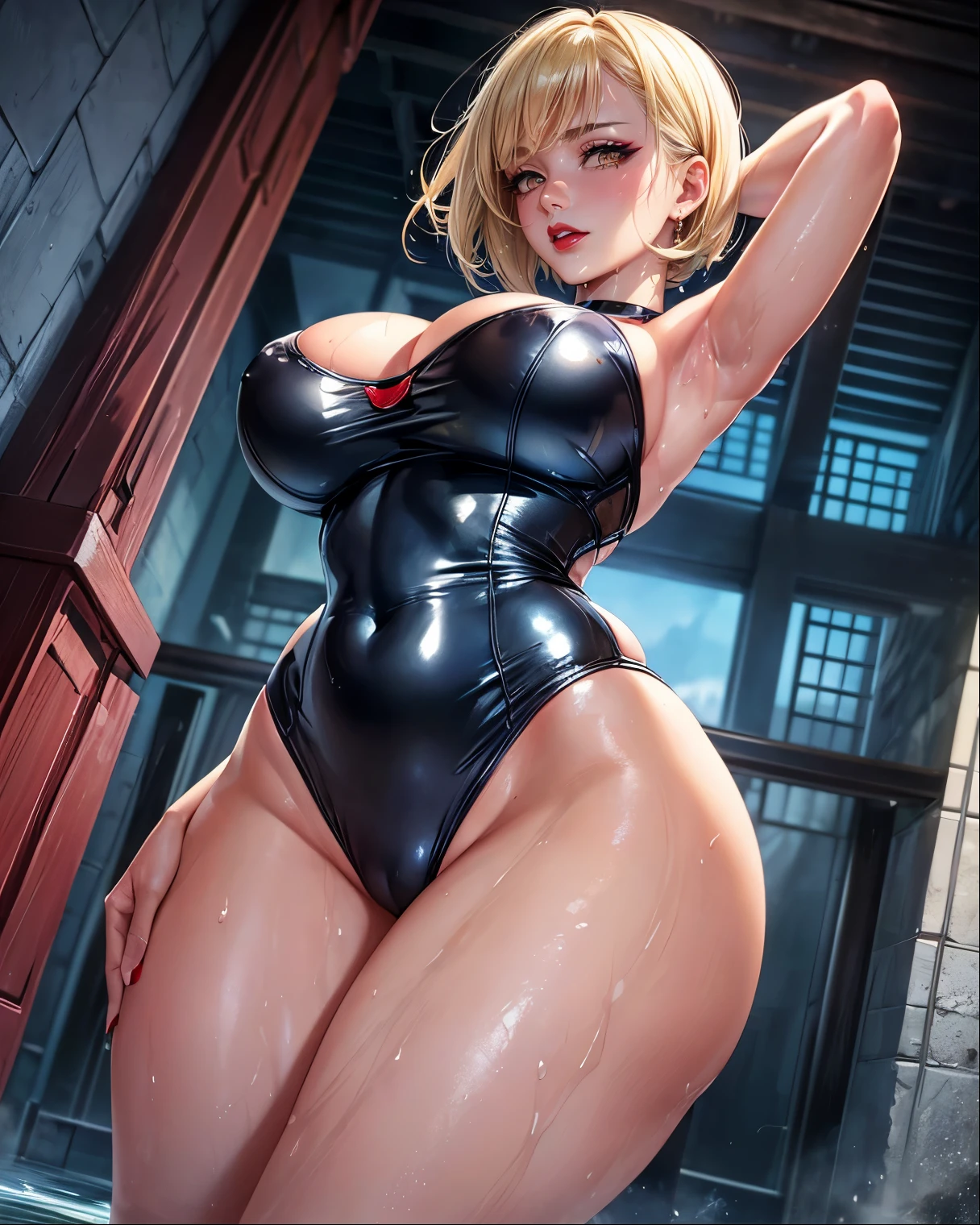 Taiwanese gravure idols A mature woman with a glamorous figure gal makeup Bright blonde short hair with bangs smoky makeup black eyeshadow Plump cheeks round face Wet and shiny navy blue school swimsuit Rooftop of a building with a steampunk night view ((Gloss rouge bright red lips)) big breasts cleavage (beautiful armpits) sweaty armpits Look at me with shame ((Sweaty, wet and shiny armpits and skin)) ((Close-up depiction of a mature woman's face seen from the floor)) ((Depicted from below)) (Condescended) eye contact close-up of armpit