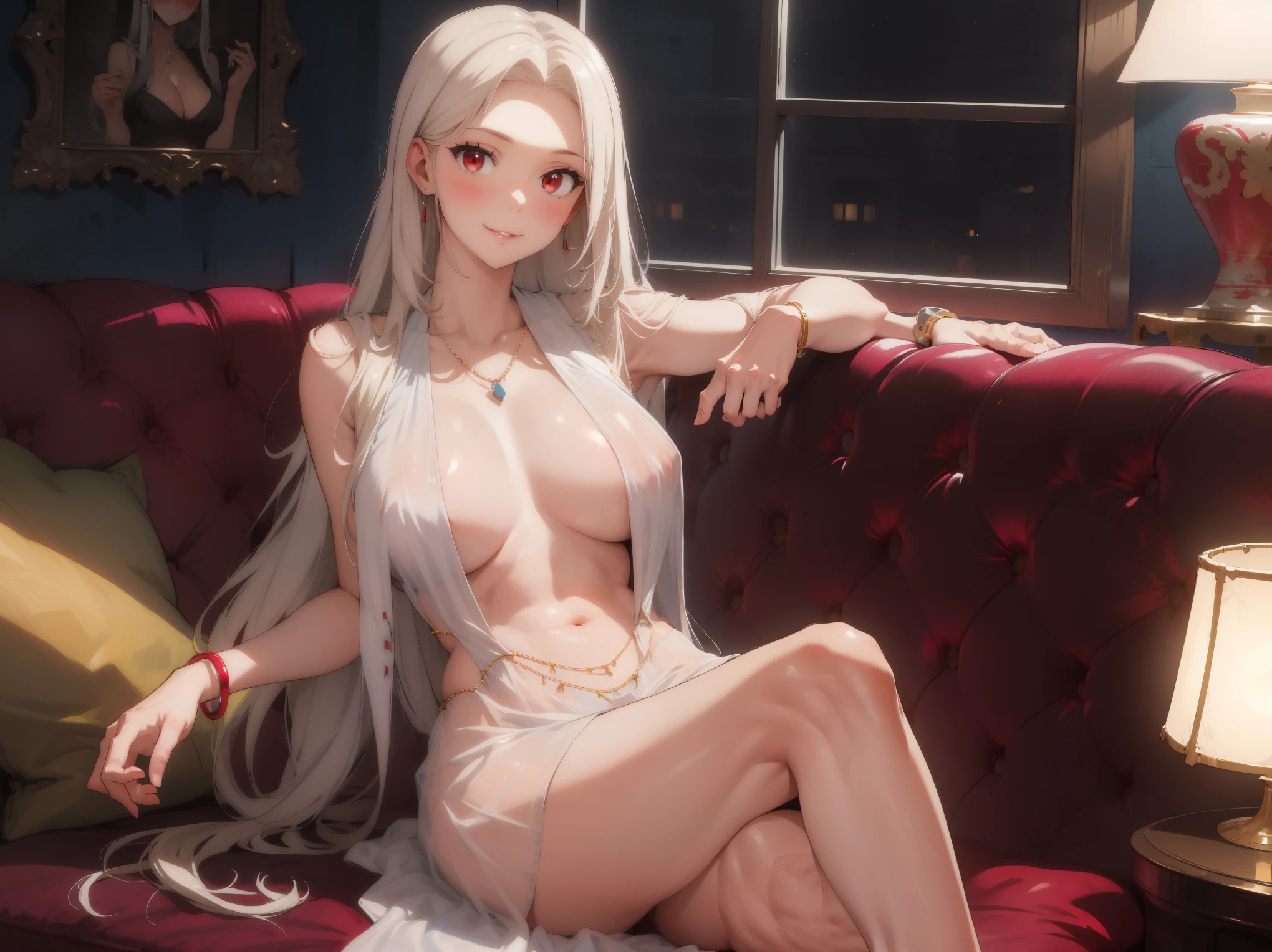 (cowboy shot:1.3),1girl,Irisviel von Einzbern,seductive smile, solo, long hair, looking at viewer, blush, bangs, (gigantic_breasts),(hanging breasts), (red eyes), dress, cleavage, bare shoulders, jewelry, sitting,armpits, very long hair, closed mouth, collarbone, white hair, thighs, earrings, sleeveless, indoors, necklace, white dress, bracelet,bare foot,toes, parted bangs, sleeveless dress,see-through, couch, bangle, lamp, picture frame, painting \(object\)