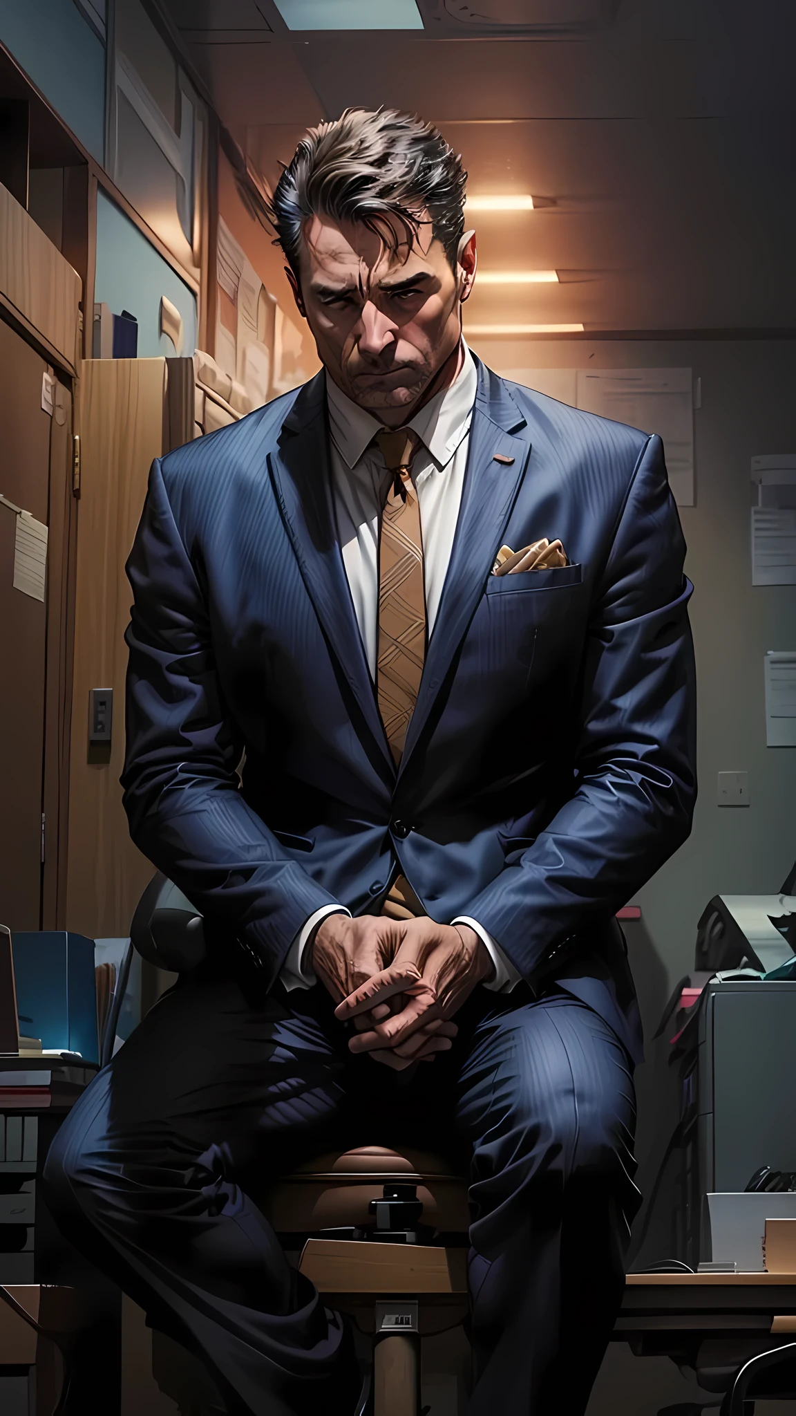 a man of approximately 40 years old, in a suit in his office, and head down, with hands together