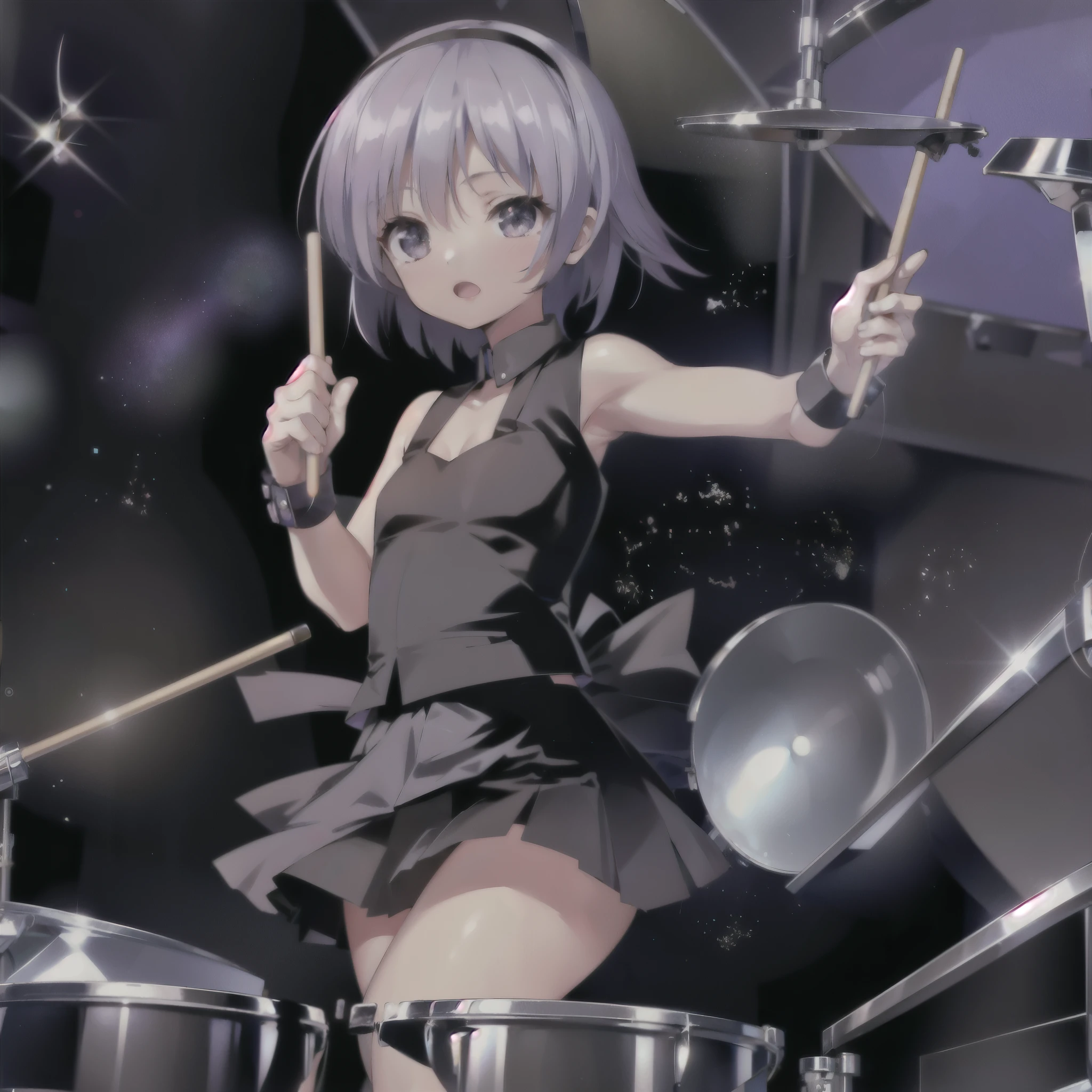 highest quality, ultra high resolution, 1 16 year old female, short hair, black hair, hair band, small, uniform, skirt, Band activities, drum set, play the drums, drumstick、Miyuki Irie、hit hard