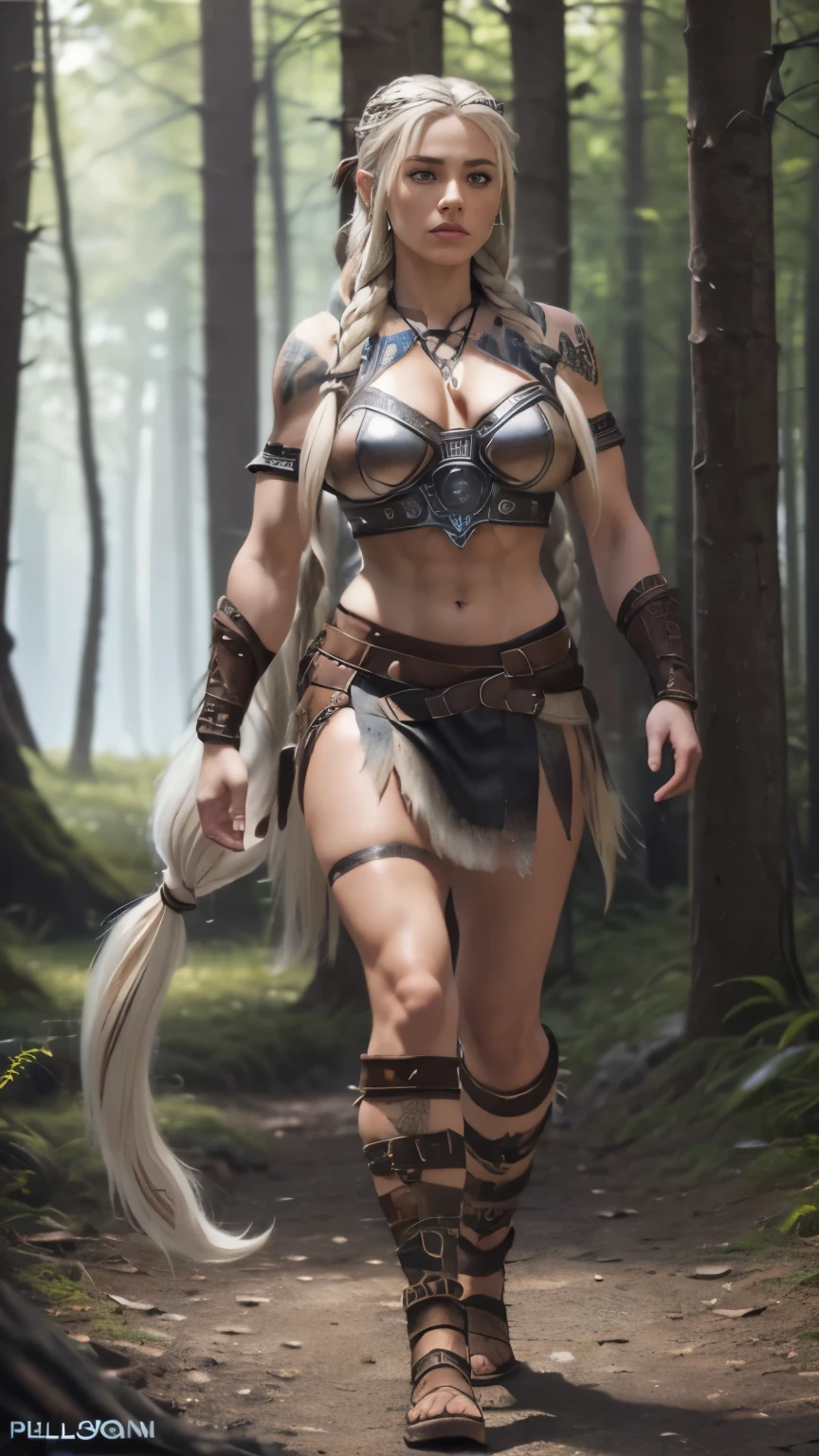 (masterpiece:1.4), best quality, hyper quality, refined rendering, highly detailed, super fine illustration, highres, ultra-detailed, detailed face, stunning art, best aesthetic, amazing, high resolution, UHD, 1girl, (((full body, full body shot, strong look, haughty expression, walking to viewer))) ,Female viking warrior, (mature woman:1.2), (((perfect face, norse face, frown, encouraged look))) (muscular:1.2), fit, (wearing brown furs:1.3, leather viking styled mini skirt, intrincate skirt design, weather straps, highly detailed clothes), ((leather tribal necklace)), (blue norse tattoos:1.2), blue eyes, ((Long hair, platinum blonde hair, long braids:1.4)), ((Sideshave:1.4)), warrior hair, Setting is a Scandinavian forest in winter, snow, bare arms, exposed navel, (abs:1.2). Highly detailed, norse, berserker, arm muscles, leg muscles, (bulky:1.2), leather straps, (large breasts:1.3), waist up, wide waist, bubble butt, stocky, (tall:1.4), forest background, depth of field, 8k, sharp focus, cinematic lighting,