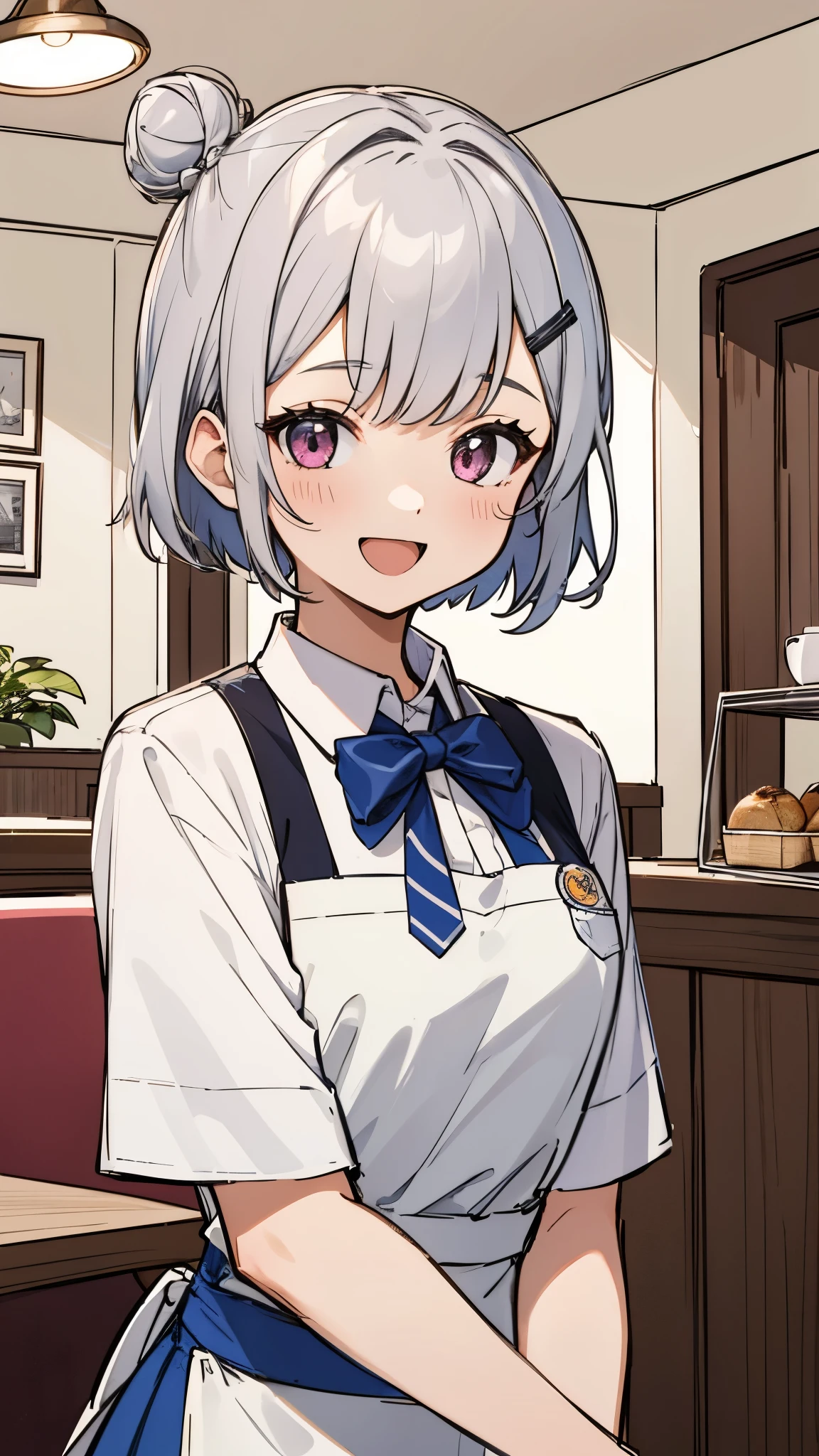 detailed background、1 girl、white blouse、blue skirt、upper body up、Short hairstyles for silver hair and bob、Hair tied up in a bun with a hair clip、Shining pink round eyes、smile、open your mouth wide、Apron appearance、((indoor、morning、Cafe))、sharp outline