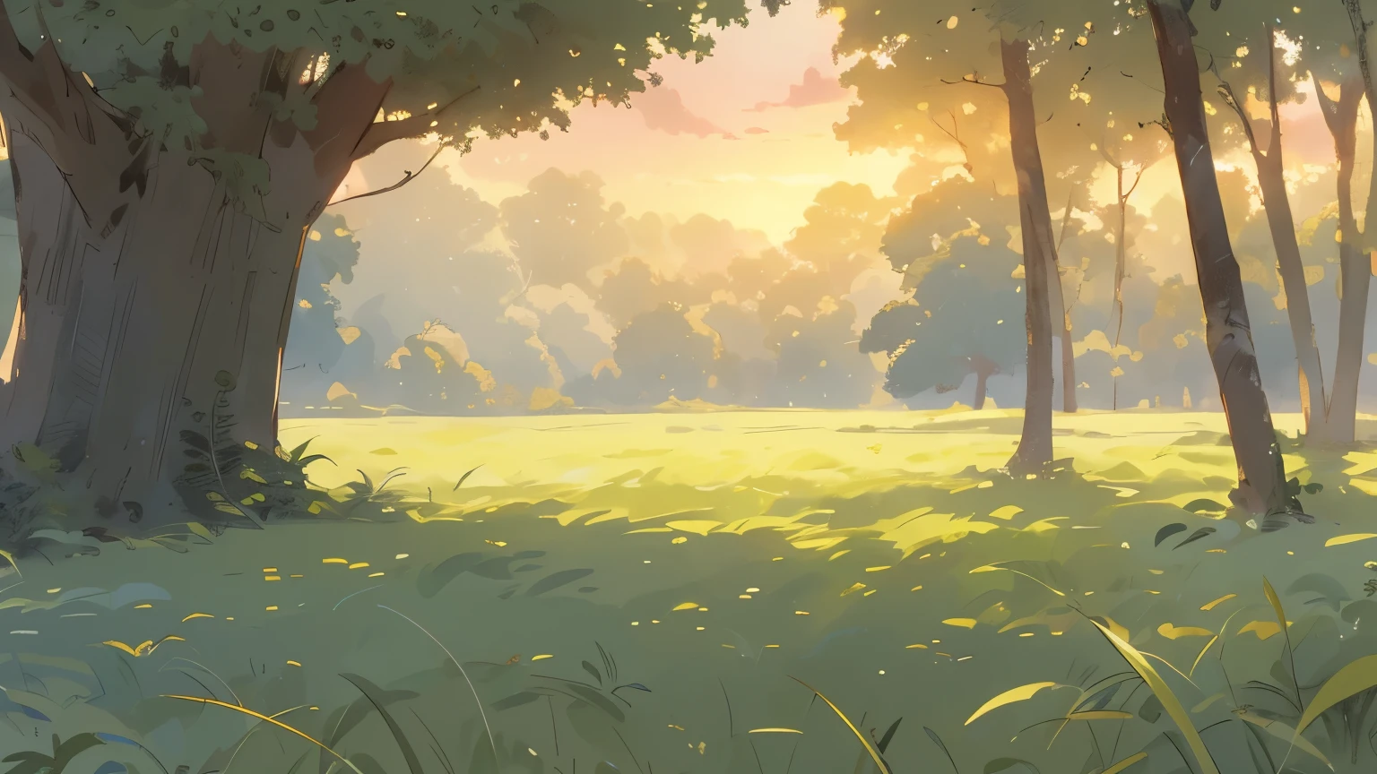 in the woods，A small piece of open grassland，The foreground is a jungle，The middle ground is a tree，Behind is the tree，sunset，best quality，Beautifully drawn，Very detailed，(very intricate details，)，Ghibli，anime scenery, Drawn in an anime artist studio, 