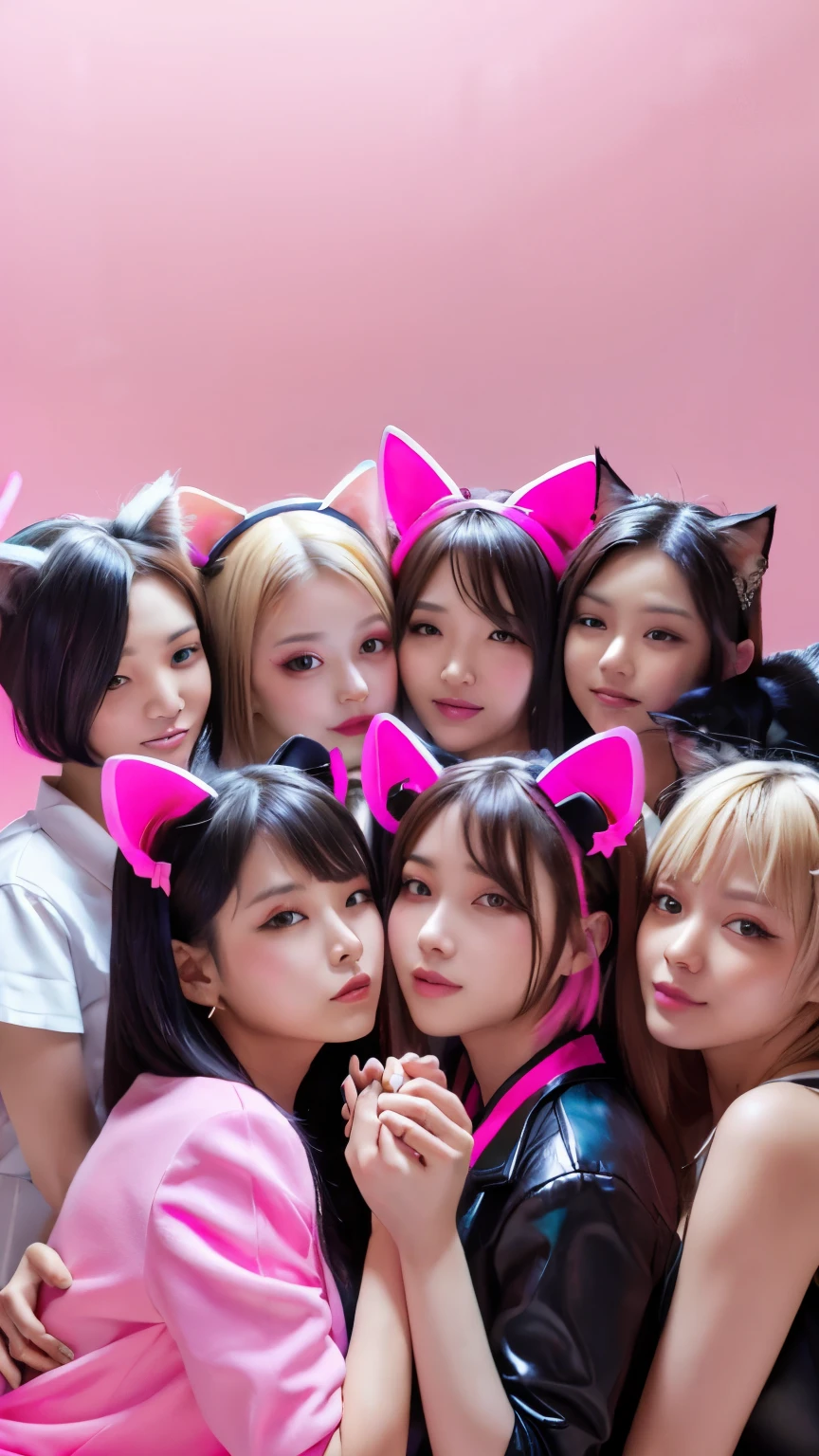 masterpiece, 4k, Bokeh, beautiful face, Harem, (multiple girls:1.4), (group photo:1.5), (Cat ear:1.3), (white bob hair:1.3) , looking at the viewer, cowboy shot, Holding many cats in both hands, (neon pink background :1.4), high five