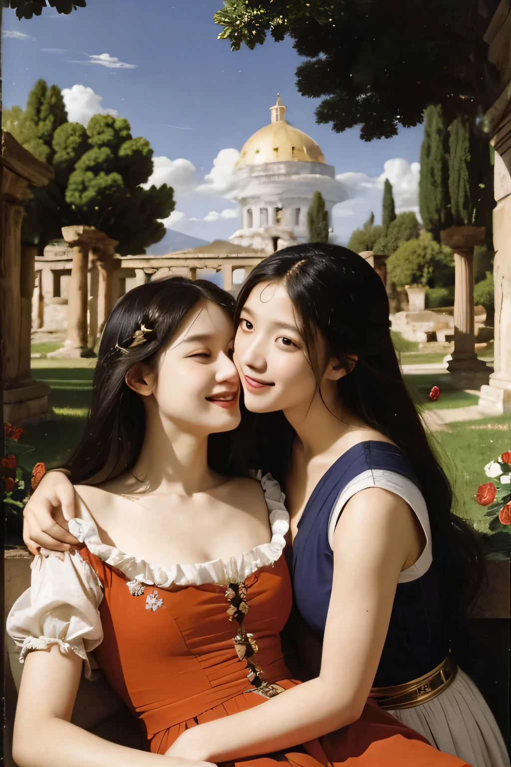Giorgione painting style,Arguments of two female Philosophe,math、astronomical machine、astronaut、roses in vase、fruits、Cute trinkets、smile、ancient greek costume、Ancient Roman landscape in the style of Nicolas Poussin,laughter,,Sweet and seductive appearance.、Caravaggio's paintings、Chiaroscuro of Caravaggio、hair tousled by the wind,Two women frolicking,cute smile, expression of ecstasy,Sexy,erotic