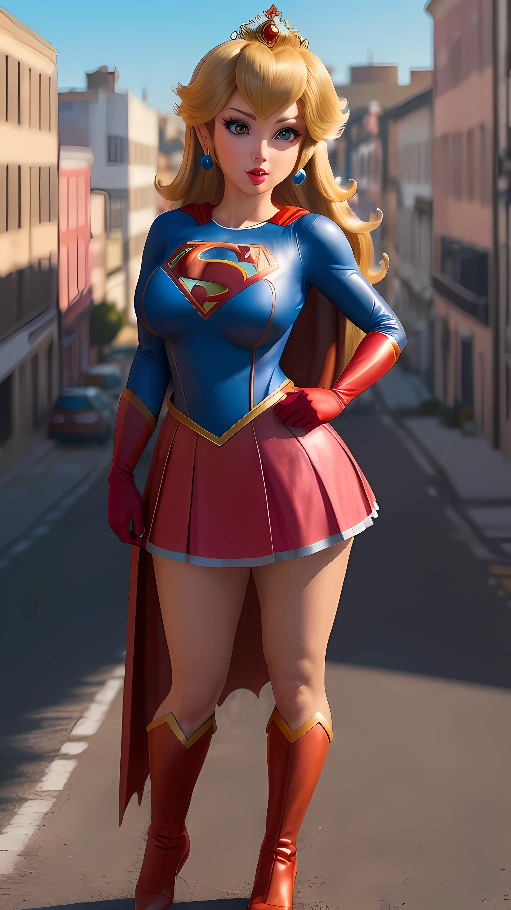 (PrincessPeach), ,supergirl outfit, (big breasts:1.4), outdoor, city landscape, full body, (realistic:1.2), (realism), (masterpiece:1.2), (best quality), (ultra detailed),(8k, 4k, intricate),, pink lips, ((glossy lips)), pursed lips, (sexy outfit), short skirt