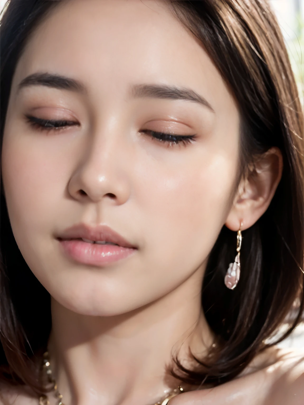 ((((highest quality))))、(((Ultra-precision CG16K wallpaper)))、(((masterpiece)))、(((Super detailed)))、(((super extreme details)))、1people's women、mature woman、24 year old woman、((Japanese face))、((very beautiful face))、((Beauty:1.5))、((straight short bob hair:1.3、blunt bangs))、(shiny brown hair)、beautiful delicate eyes、brown eyes、raised eyebrows、high nose、small nostrils、small mouth、seductive lips、beautiful breasts、((C cup size breasts))、cleavage、plump body、(Chubby body type)、perfect proportions、perfect anatomy、perfect composition、beautiful detailed shading、beautiful natural lighting、beautiful detail glow、Depth of the bounds written、(((High chroma)))、(((real:1.9)))、((vivid:1.5))、((edge:1.6))、((beautiful skin))、((skin texture))、((realな皮膚感))、(((close up shot:1.6)))、((Angle seen from the front:1.6))、((face with open mouth and closed eyes:1.8))、(Raise your chin:1.5)、Bright daylight、Natural light、(((blush、sexy、pleasure、trance:1.8)))、((half-open lips:1.7))、((necklace、Wearing earrings:1.3))、