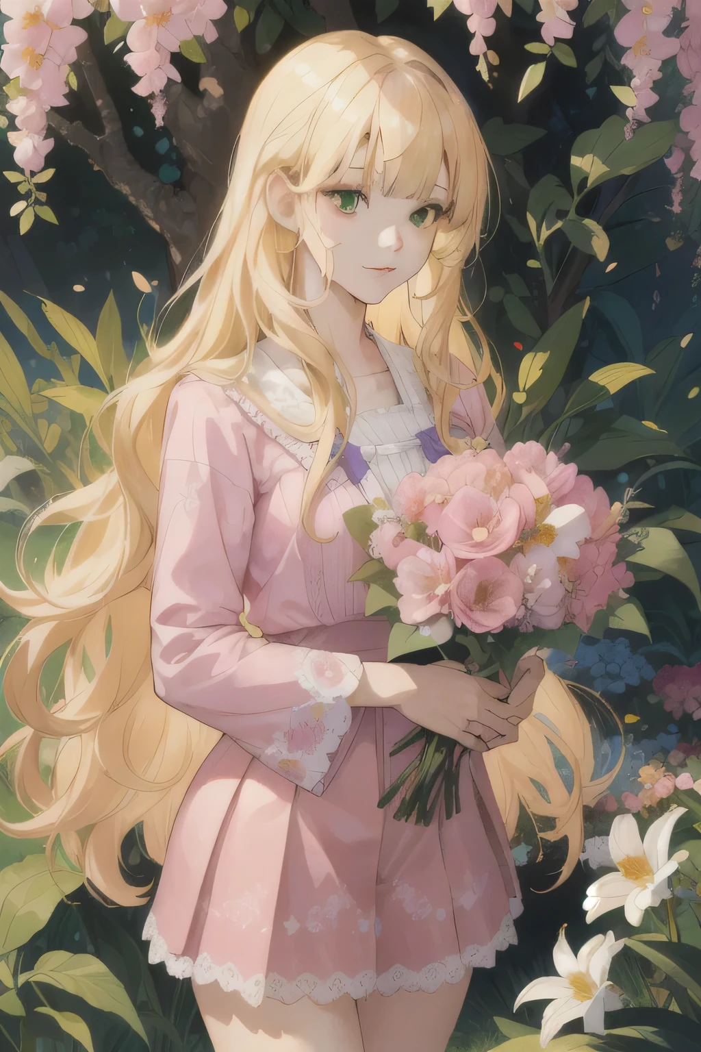 (Ridiculous, high resolution, Super detailed), 1 girl, adult, blonde wavy hair, long hair, blunt bangs, green eyes, pink skirt, Detailed eyes and detailed face,Extremely detailed CG unified 8k wallpaper, intricate details , holding a bouquet of flowers，blooming flowers, colorful petals, fragrant smell, nature&#39;s gift, Vibrant garden, peaceful scenery