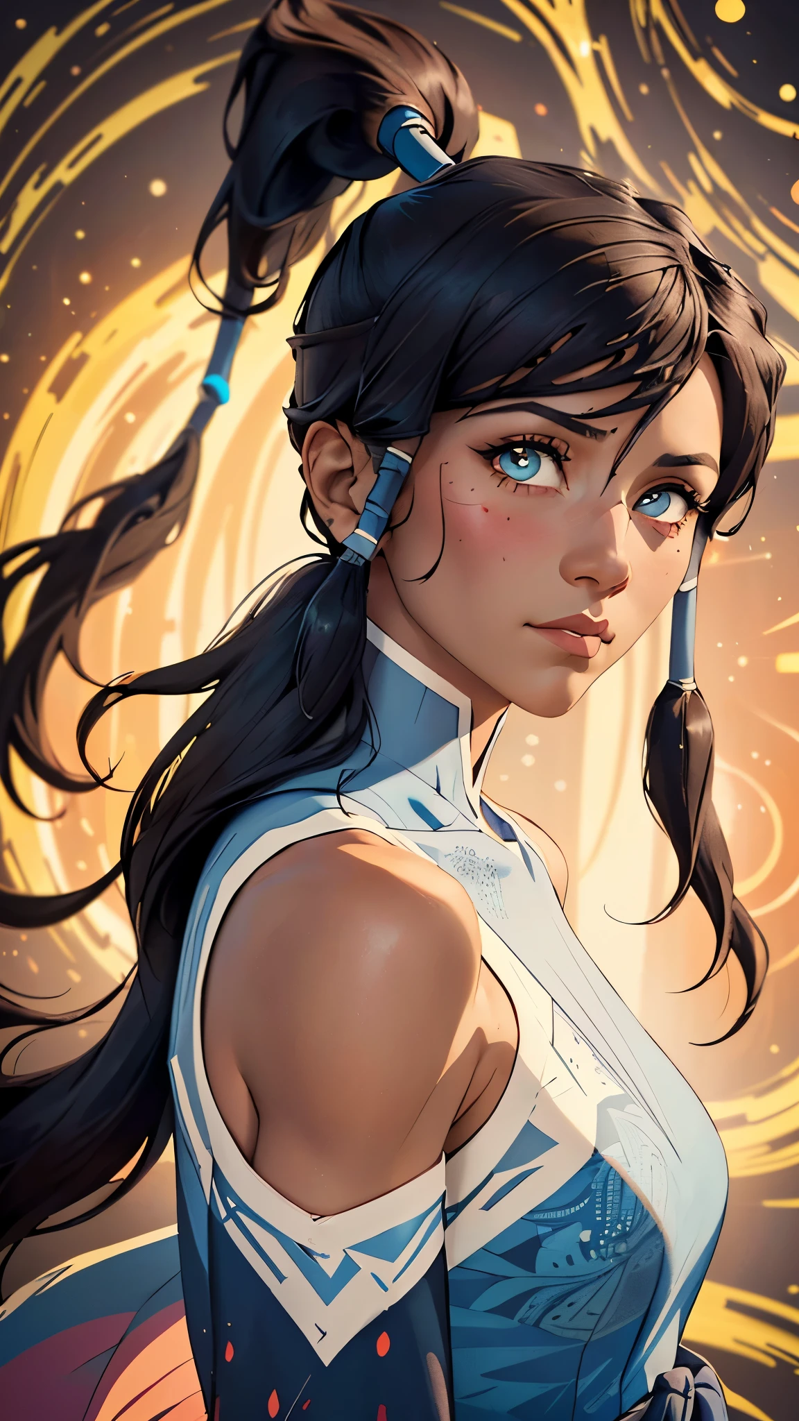 (best quality, masterpiece, colorful, dynamic angle, highest detailed)(korra),upper body photo,fashion photography of cute girl (korra),ponytail,dark skin,bare shoulders,in dynamic pose,bokeh,(intricate details, hyperdetailed:1.15),detailed,sunlight passing through hair,monocromatic splash art background(high contrast, official art, extreme detailed, highest detailed),