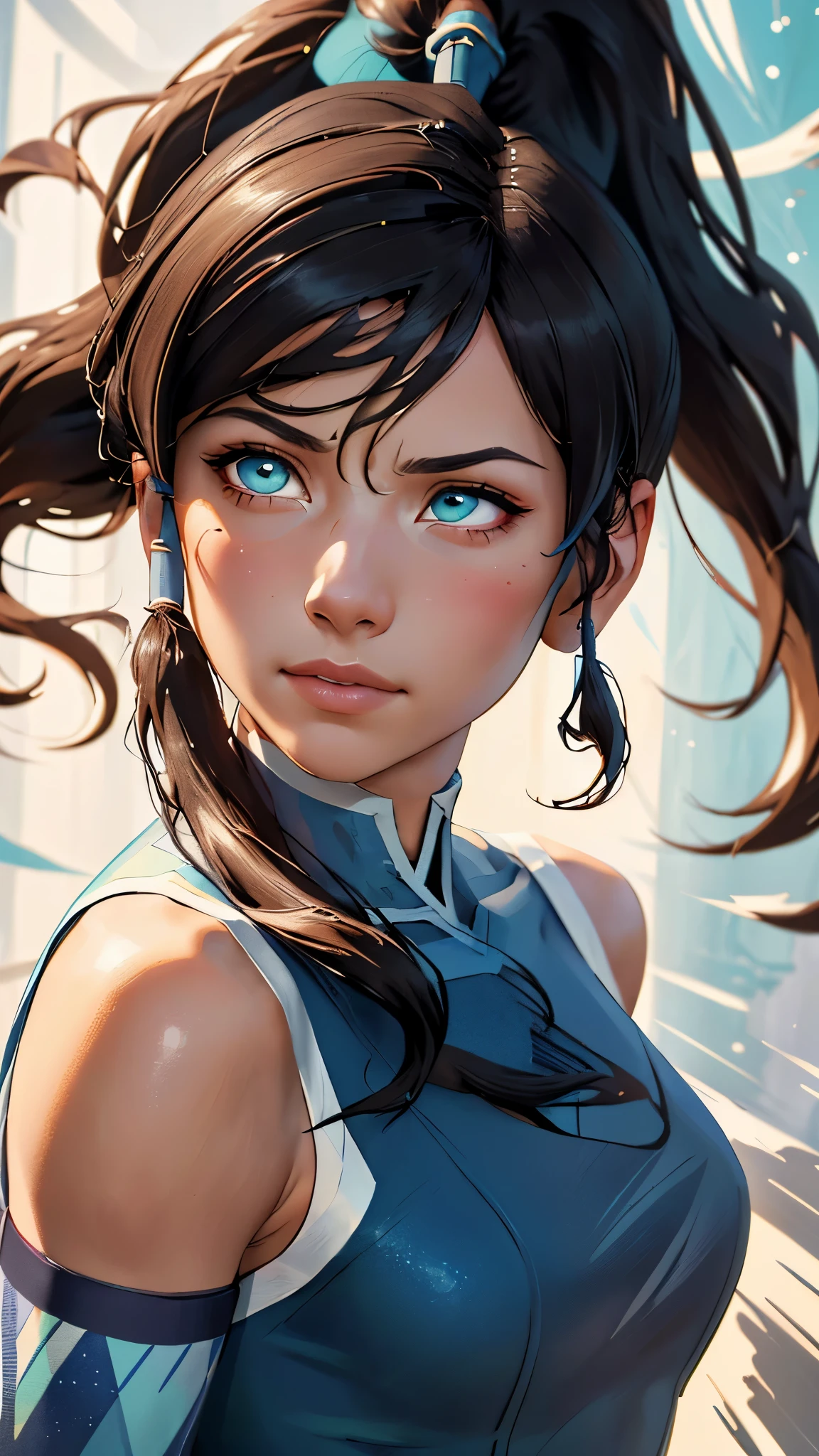 (best quality, masterpiece, colorful, dynamic angle, highest detailed)(korra),upper body photo,fashion photography of cute girl (korra),ponytail,dark skin,bare shoulders,in dynamic pose,bokeh,(intricate details, hyperdetailed:1.15),detailed,sunlight passing through hair,monocromatic splash art background(high contrast, official art, extreme detailed, highest detailed),