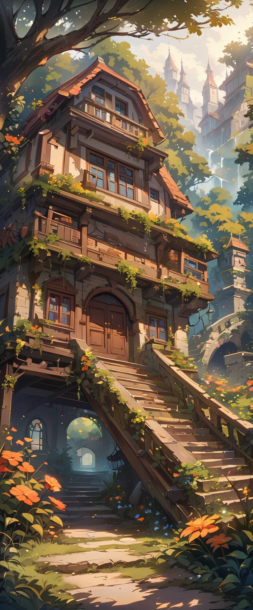 Shuwuu, tree, scenery, stairs, no humans, outdoors, house, window, plant, fantasy, nature, sky, grass, building, water, flower, overgrown, forest