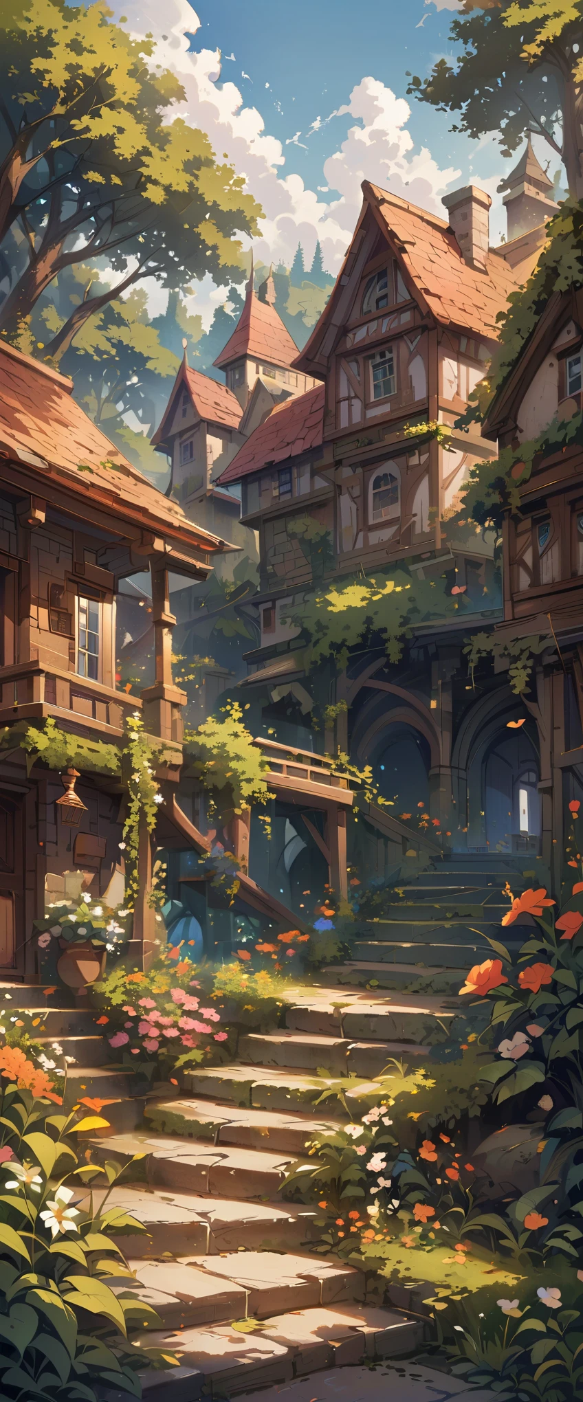Shuwuu, tree, scenery, stairs, no humans, outdoors, house, window, plant, fantasy, nature, sky, grass, building, water, flower, overgrown, forest
