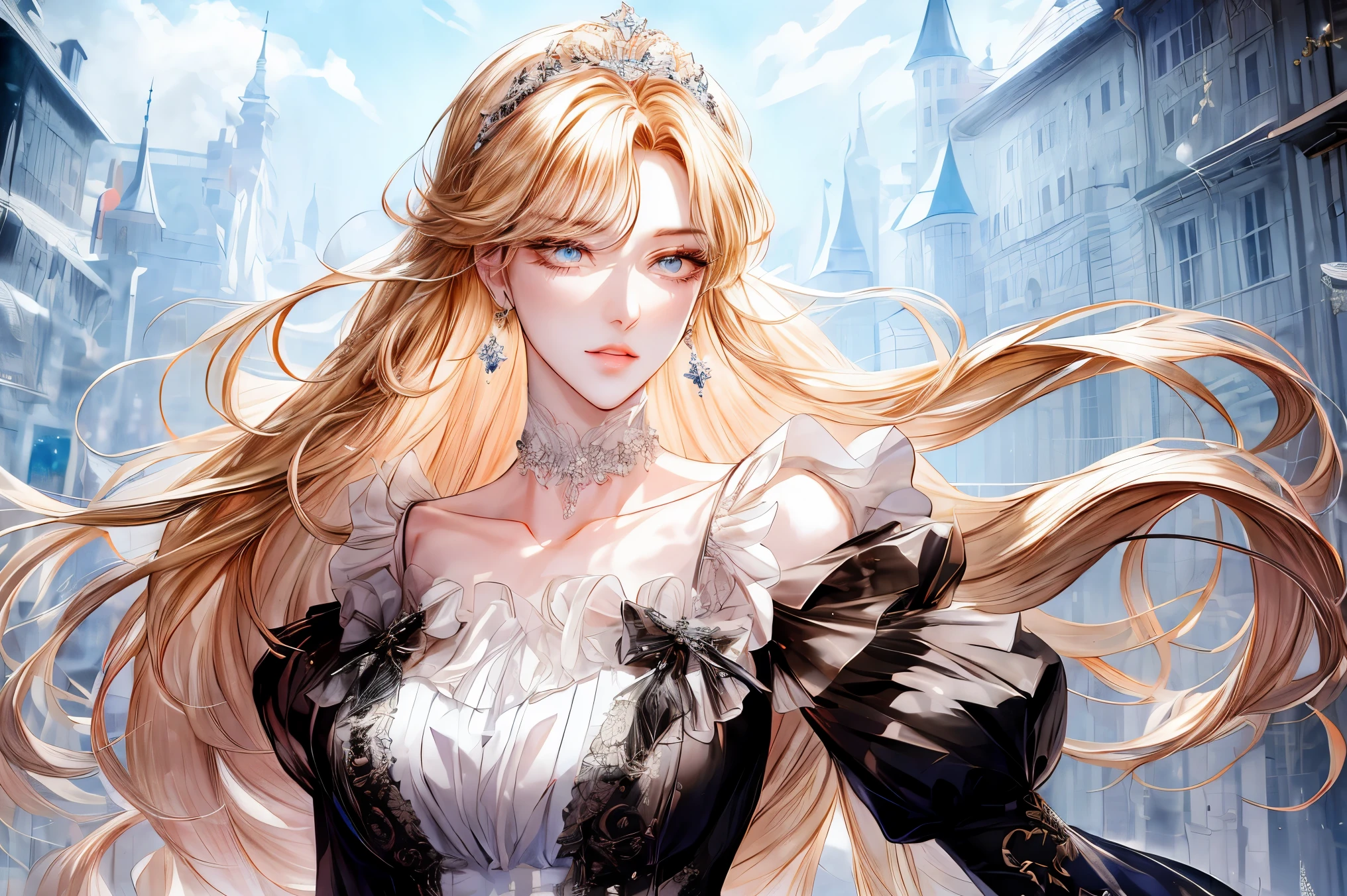 (((shoujo-style))), (romance manhwa), 1girl, blonde hair, solo, long hair, (earrings), flower, rose, crystalline, dress, tiara, white dress, gloves, long sleeves, choker, mascara, makeup, elbow gloves, bow, floating hair, bra, jewelry, looking at viewer, collarbone, puffy sleeves, golden accessories, upper body, parted bangs, very long hair, black dress, frills, bangs, closed mouth, outdoors, detailed eyes, dynamic cut,