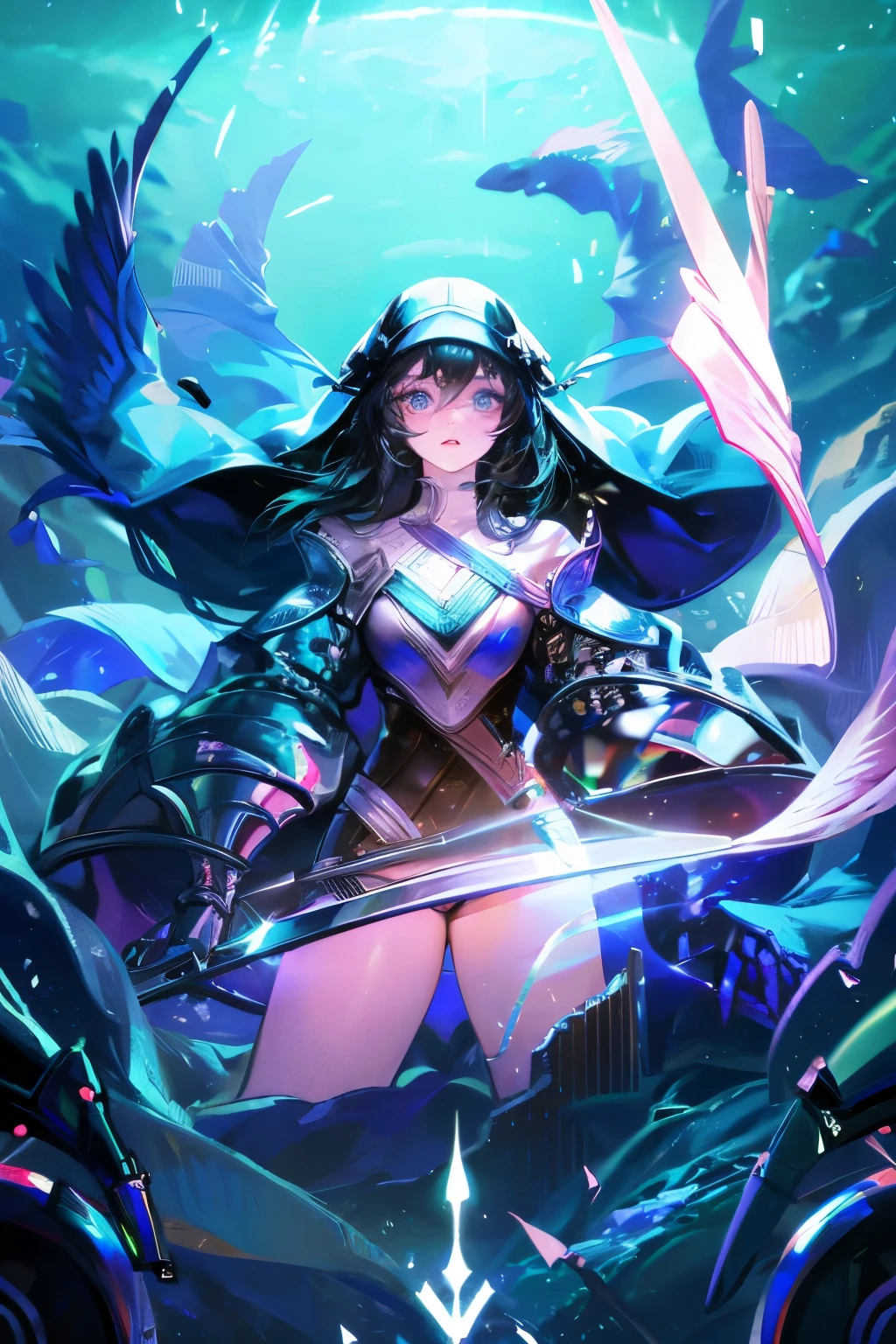 ((raw photo)), ((masterpiece)), AngelGirl wearing nun's armor, intricate detail, futobot, intricate Greebles pieces, sea behind, yellow wings, beautiful, detailed eyes and lips
