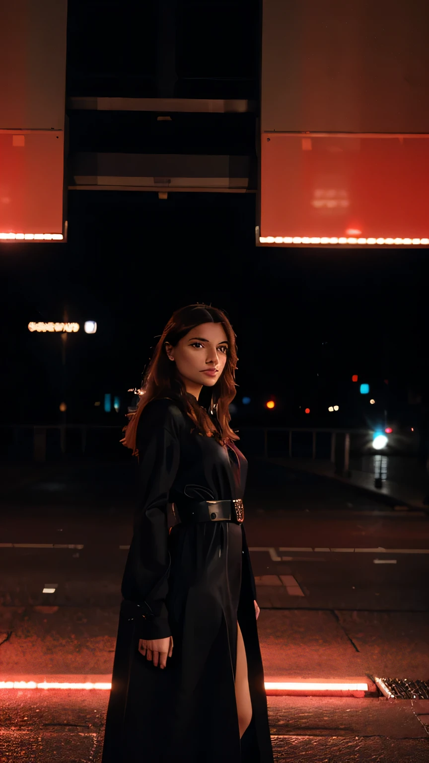 Femme : une femme aux traits élégants mais tendus, ses yeux brillent d'une lueur intense. Elle porte une robe rouge flamboyante longue futuriste, regard dangereux.
Contexte : she stands in the middle of a futuristic urban scene, surrounded by flashing lights and imposing buildings. Des éclairs rouges zèbrent le ciel sombre , dans un ciel de nuit orageux.