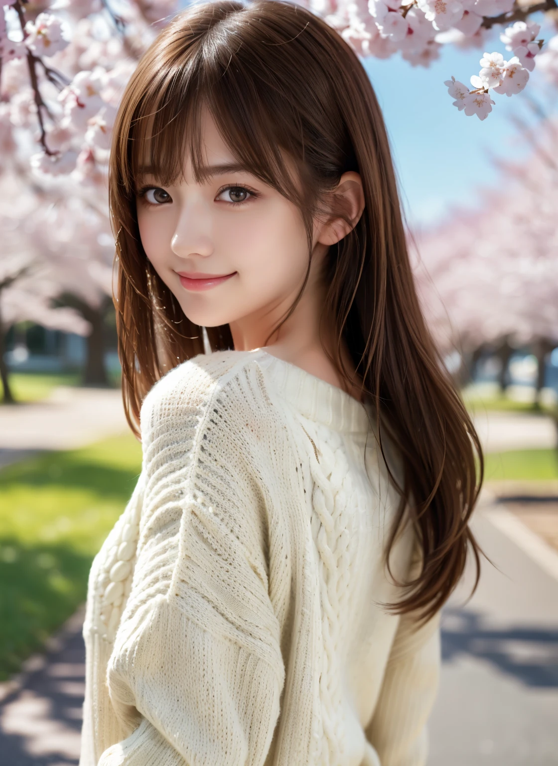 1 girl,(ivory sweater:1.4),, (Raw photo, highest quality), (realistic, Photoreal:1.4), table top, very delicate and beautiful, very detailed, 8k wallpaper, wonderful, finely, very detailed CG Unity, High resolution, soft light, Beautiful detailed 19 year old girl, very detailed目と顔, beautifully detailed nose, finelyて美しい目,cinematic lighting,standing on a row of cherry blossom trees,perfect anatomy,slender body,smile (asymmetrical bangs, light brown hair,)