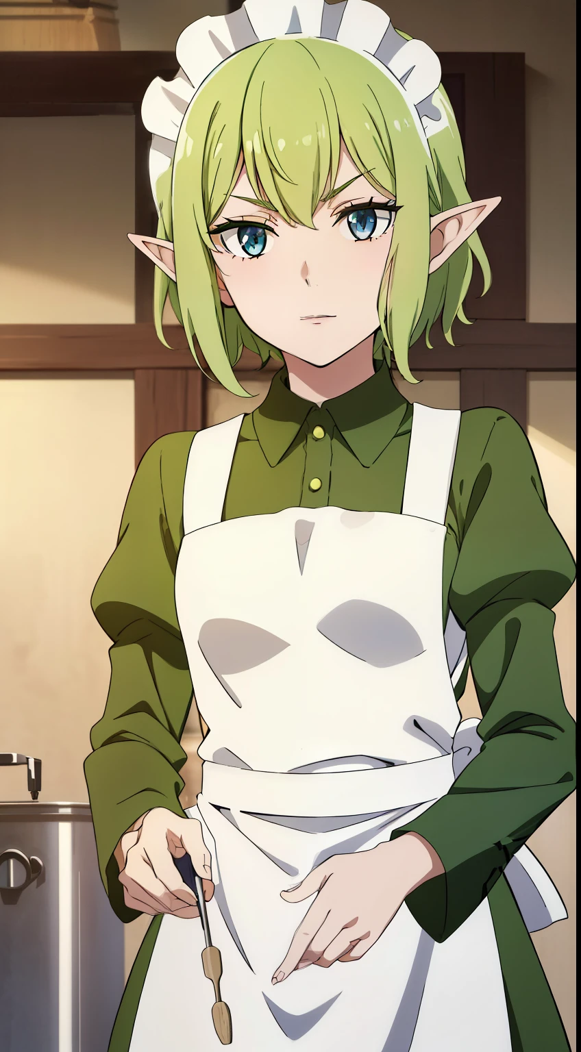 masterpiece,highest quality,anime,2D,Detailed face,
1 girl, alone, pointed ears, blue eyes,green hair, looking at the viewer, apron, short hair, maid headdress, holding, dress, green dress, maid, long sleeve, indoors, white apron, goblin,medium breasts,,(lively_color:1.2) (beautiful_medium breasts:1.3), (beautiful_face:1.4),