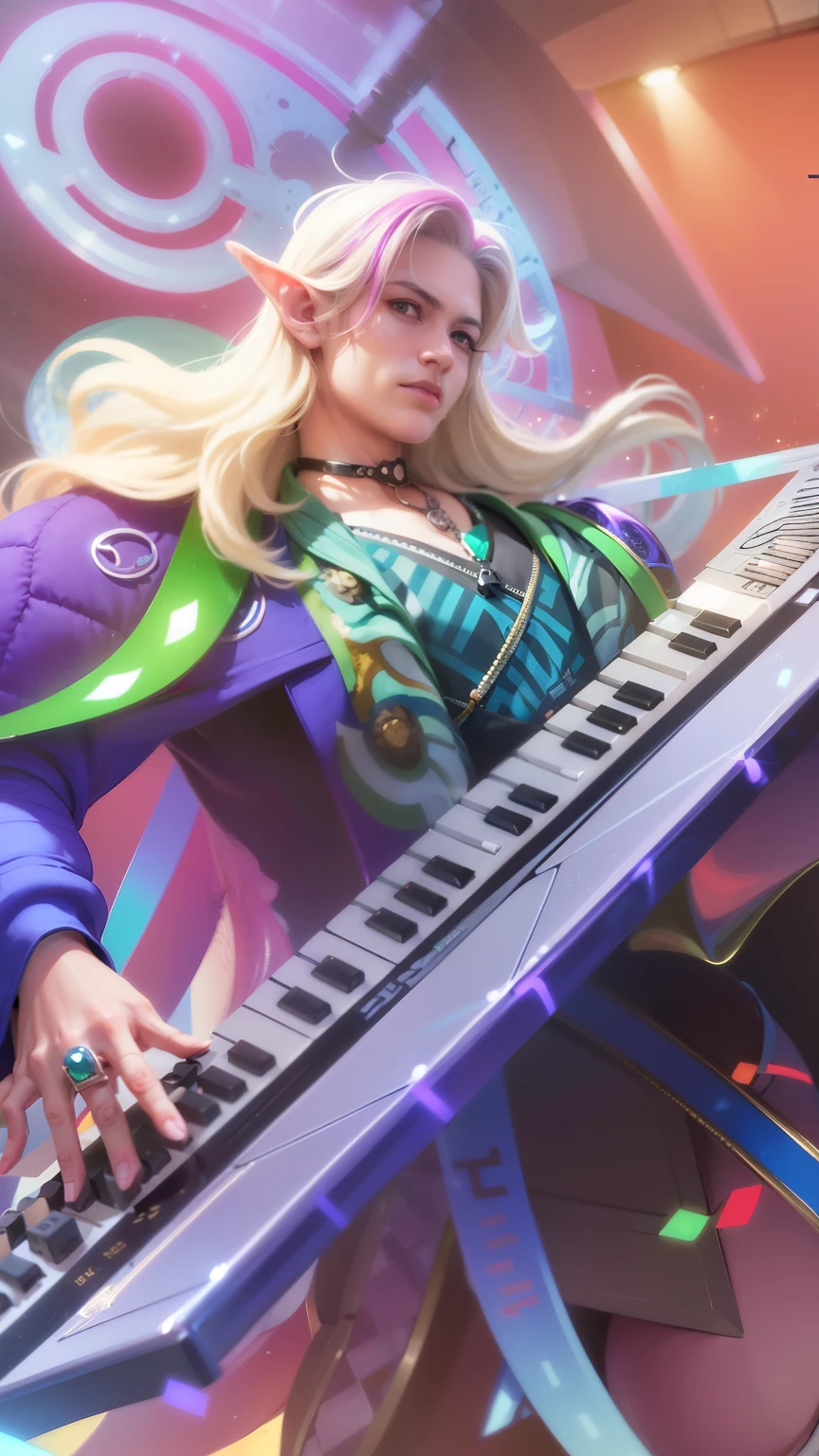 man playing a keyboard on a stage, masterpiece, ((perfect eyes)) best quality, (semirealism:1.9), beautiful lighting, (extremely detailed CG unity 4k fhd wallpaper), High Detail, Sharp focus, dramatic outdoors, 1 male, white and pink hair, handsome, elf ears, vampire