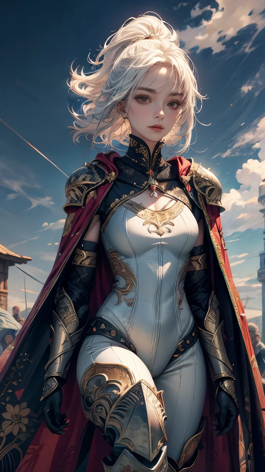 best quality, masterpiece, ultra high res,female warrior saint, embroided flowing cape, intricate armor with symbolic elements that is battle-worn yet resplendent, extreme detail, 4k,white hair, long eyelashes, bodysuit shapewear, bustles,armor and oni mask, knee guards