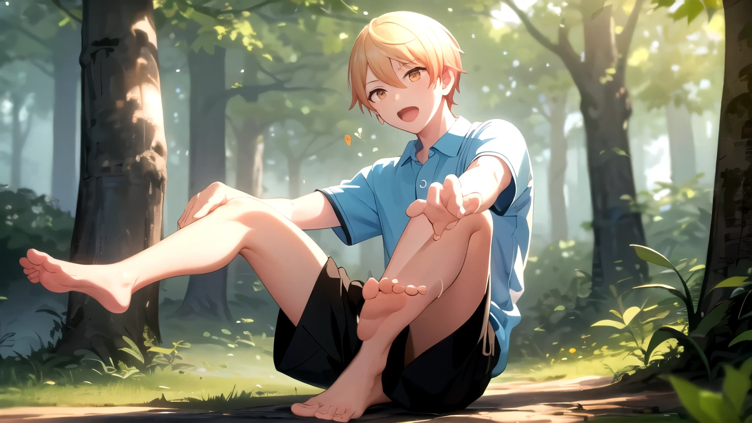 10ma_t, open mouth, hair between eyes, blonde hair, shirt, 1boy, male focus, outdoors, collared shirt, black shorts, tree, orange eyes, leaf, barefoot, blue T-shirt, nature, forest, focus feet, sitting, black foot sole