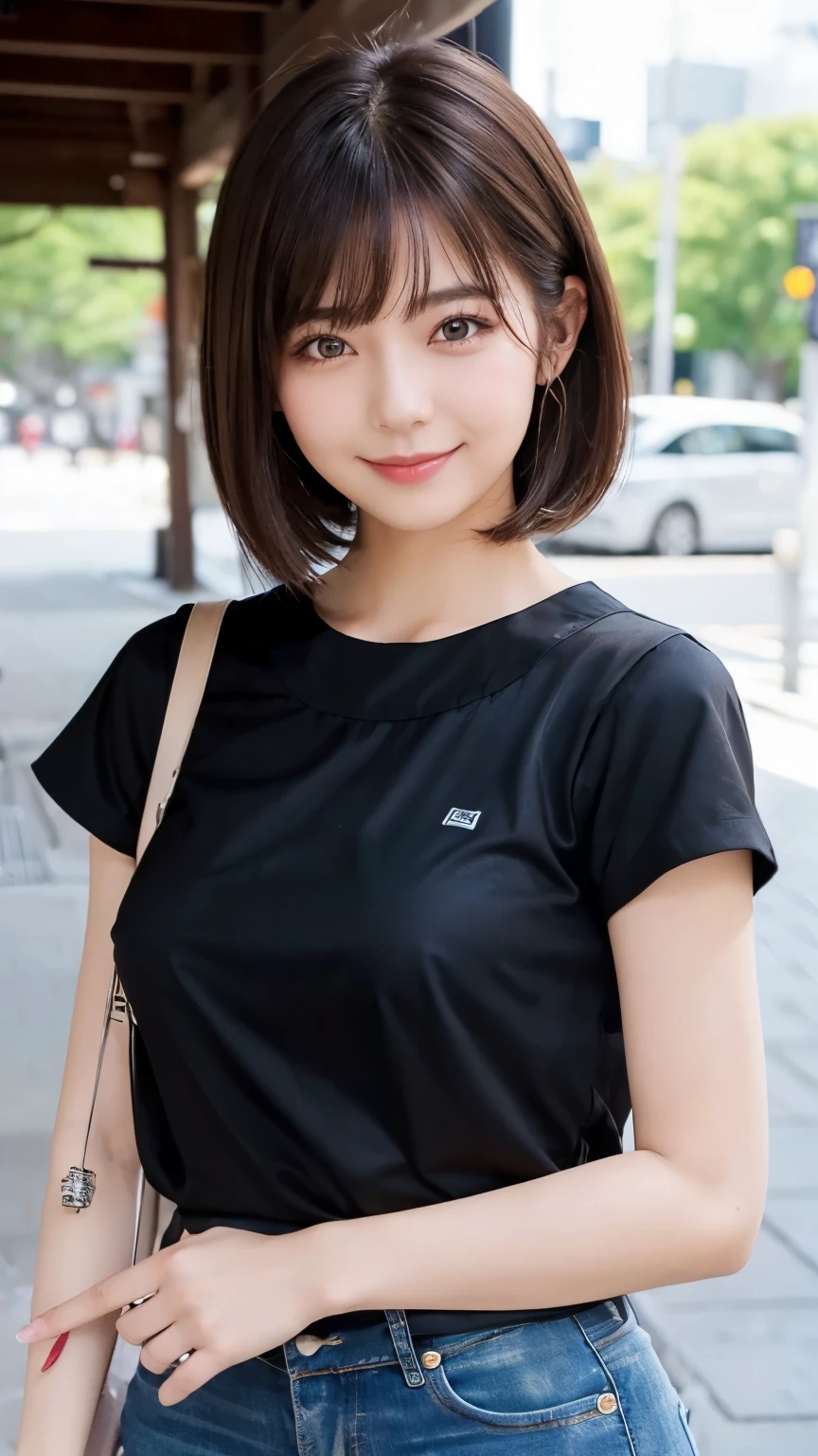 (((1girl)))((best qualtiy, 8K, tmasterpiece:1.3)),((Sharp:1.2, perfect figure beautiful woman:1.4, Slim abs:1.2)), ((Layered Hair Style, huge tit:1.3)),((Highly detailed facial and skin texture,A detailed eye,Black eye,double eyelid, droopy eyes)),(japan girl:1.5)(Brown Hair,Bob Cut)(Short-sleeved shirt:1.8),(in cart:1.3)Impish Smile
