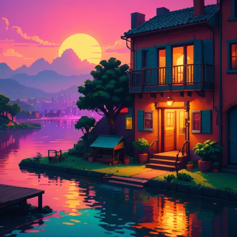ultra-detailed,vivid colors,sunset lighting,masterpiece:1.2,medium,detailed pixelated characters,dynamic backgrounds,colorful landscapes,retro gaming,80s vibes,lively cityscape,varied architectural styles,neon signs,reflection effects,flawless pixelation,meticulously crafted sprites,smooth animations,immersive storytelling,endless possibilities[1]
