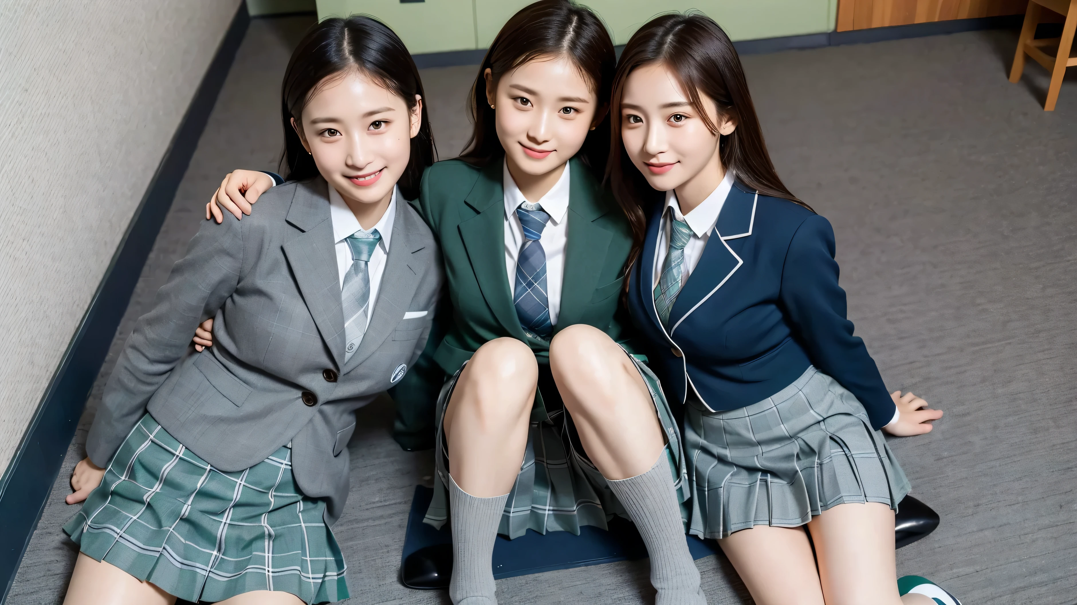 (8K), (highest quality: 1.2), (realistic), (realistic: 1.37), ultra high resolution, 2 girls in my class, cute, smile, closed mouth, beautiful details, beautiful nose, wet hair, giant dulcefo, college uniform,simple dark green blazer,big baggy white socksを履く ,skirt lift, From above,(The pleated skirt has a blue green and gray tartan check pattern.:1.4),(The tie has a moss green and greige regimental pattern.:1.1),sit on the blue patternless seat,Japanese train walls and windows,