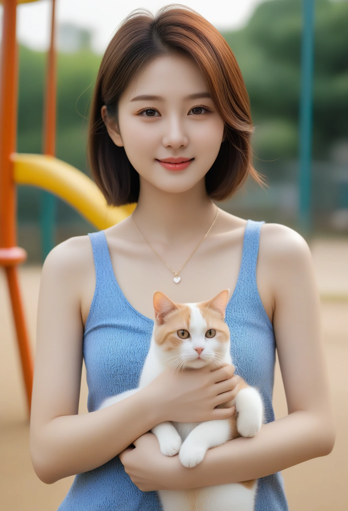 Close-up shot of beautiful korean female, 36 inch breasts size, slightly smile, wearing pattern tank top, necklace, comforting a cat, in playground