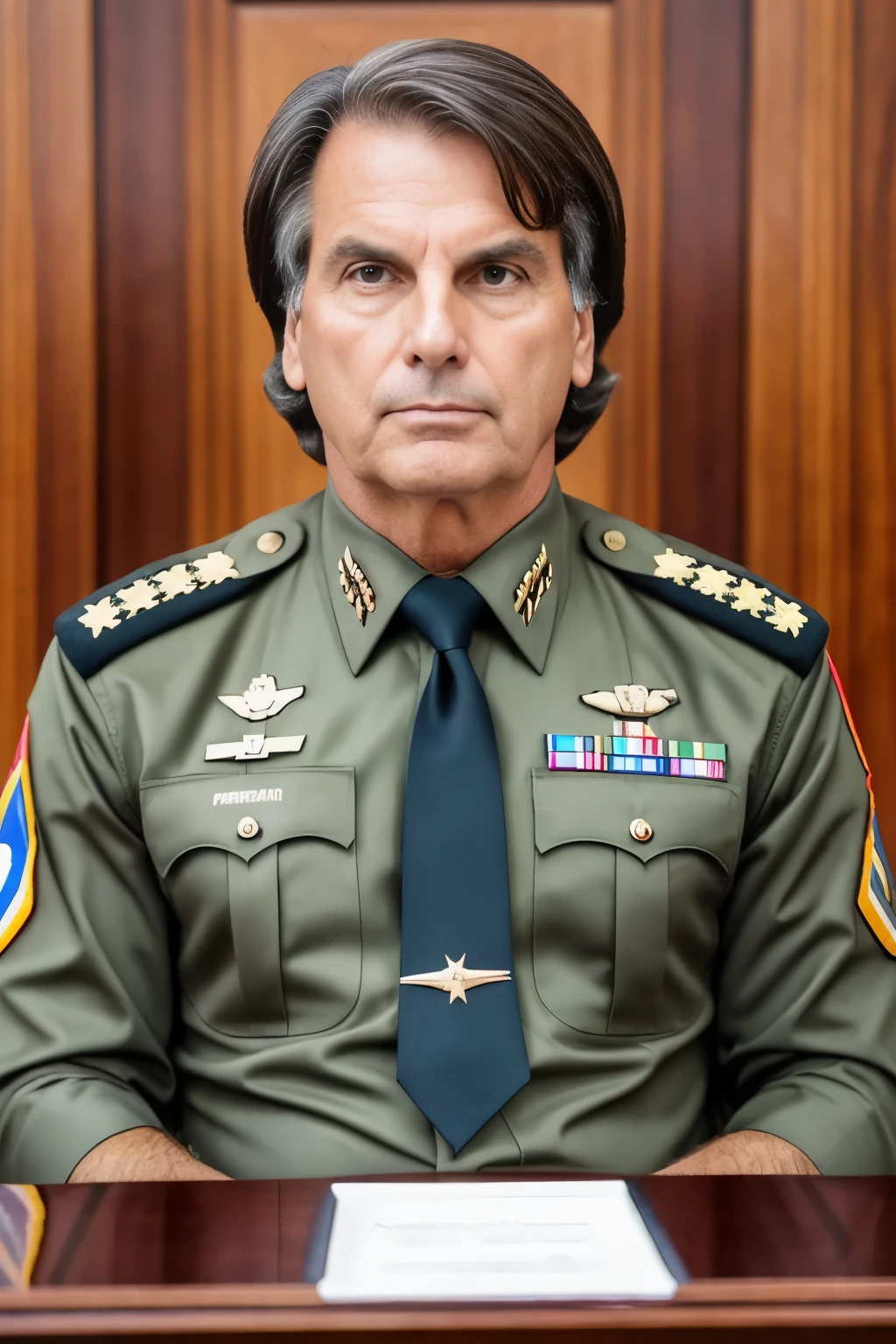 Jair Bolsonaro, a realistic portrayal --s2-imagine--:

A 55-year-old man with a strong and sturdy build, wearng military uniform, short brown hair, Brazilian President, stern face, military posture, deep set eyebrows, defined jawline, hands on hips, Brazilian flag in the background, high contrast lighting, sharp focus, intricately detailed, Brasilia Palace, presidential desk, document in hand, serious expression.

--qualidade excepcional--, --obra-prima--, --true to reality--, Jair Bolsonaro, --pose formal--, --uniform uniforme--, tight framing,