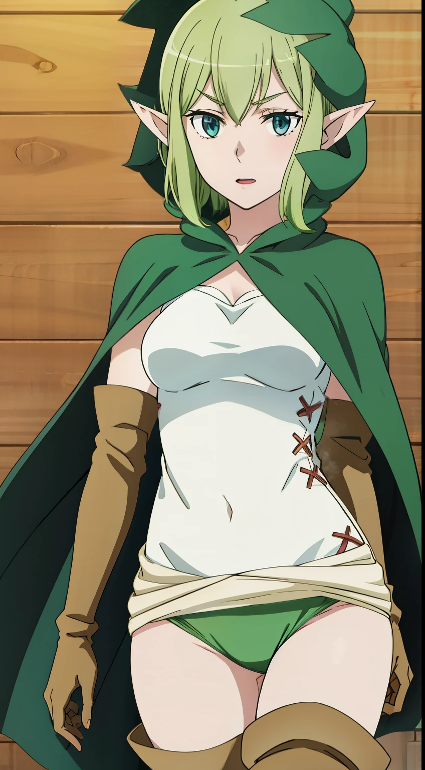 masterpiece,highest quality,anime,2D,Detailed face,
1 girl, alone, gloves, thigh boots, pointed ears, green hair, hood, goblin, blue eyes,boots, elbow gloves, cape, short hair,medium breasts, cloak, green hair,green_underwear,white shirt, cowboy shot,(lively_color:1.2) (beautiful_medium breasts:1.3), (beautiful_face:1.4),(slim_waist),(beautiful_thighs:1.1),