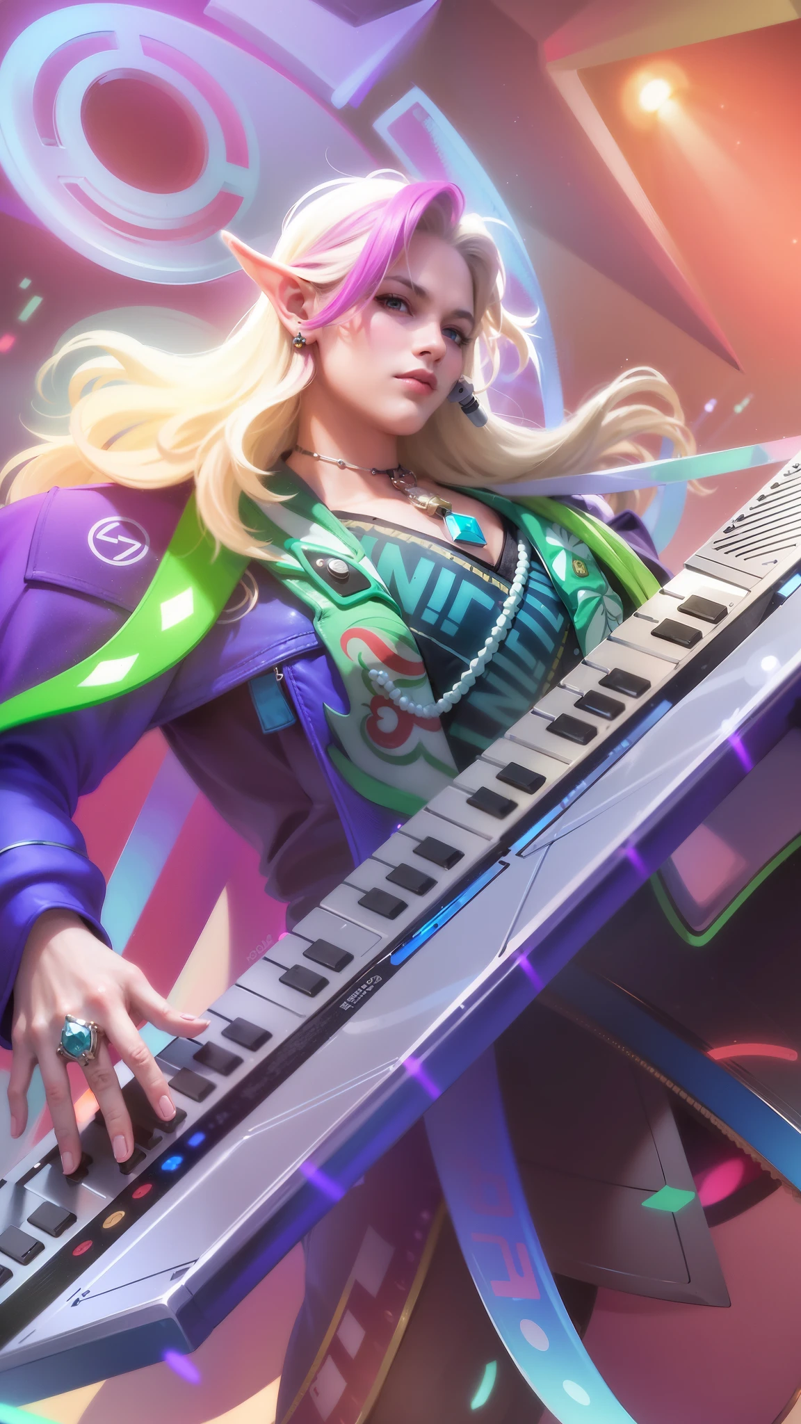 man playing a keyboard on a stage, masterpiece, ((perfect eyes)) best quality, (semirealism:1.9), beautiful lighting, (extremely detailed CG unity 4k fhd wallpaper), High Detail, Sharp focus, dramatic outdoors, 1 man, white and pink hair, handsome, elf ears, vampire