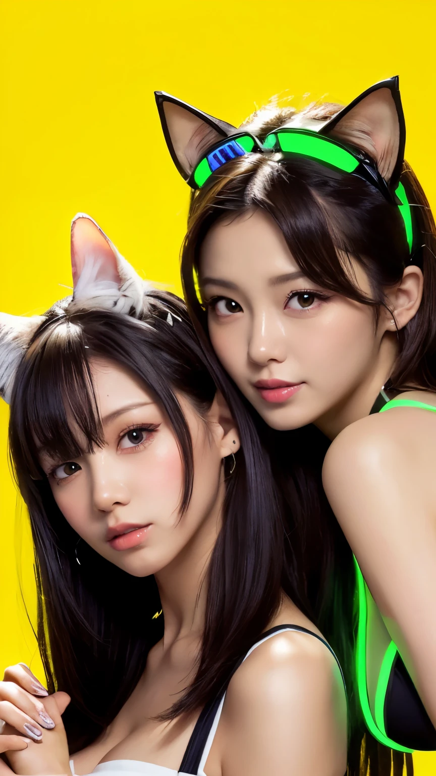 masterpiece, 4k, Bokeh, beautiful face, Harem, (multiple girls:1.4), (Group Photo:1.5), (Cat ears:1.3), (white bob hair:1.3) , looking at the viewer, cowboy shot, holding many cats in both hands, (Neon yellow background :1.4), closeup