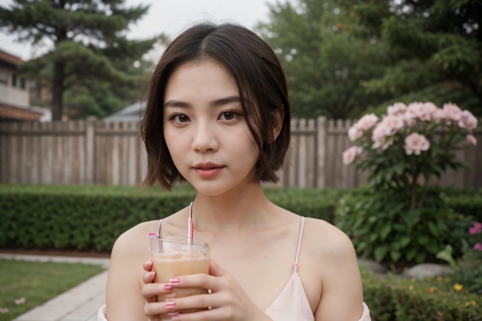20 years old Chinese girl with short hair, closed clothes, drinking water, candid photo taking flowers, perfect body 165 cm 48 kg, real Chinese face, mainland Chinese face, chubby cheeks, baby face, , small eyes, mono lid eyes, thin eyebrow, thin lips, pink lips, natural Chinese face, natural make up, beautiful young Chinese woman, an expensive watch,