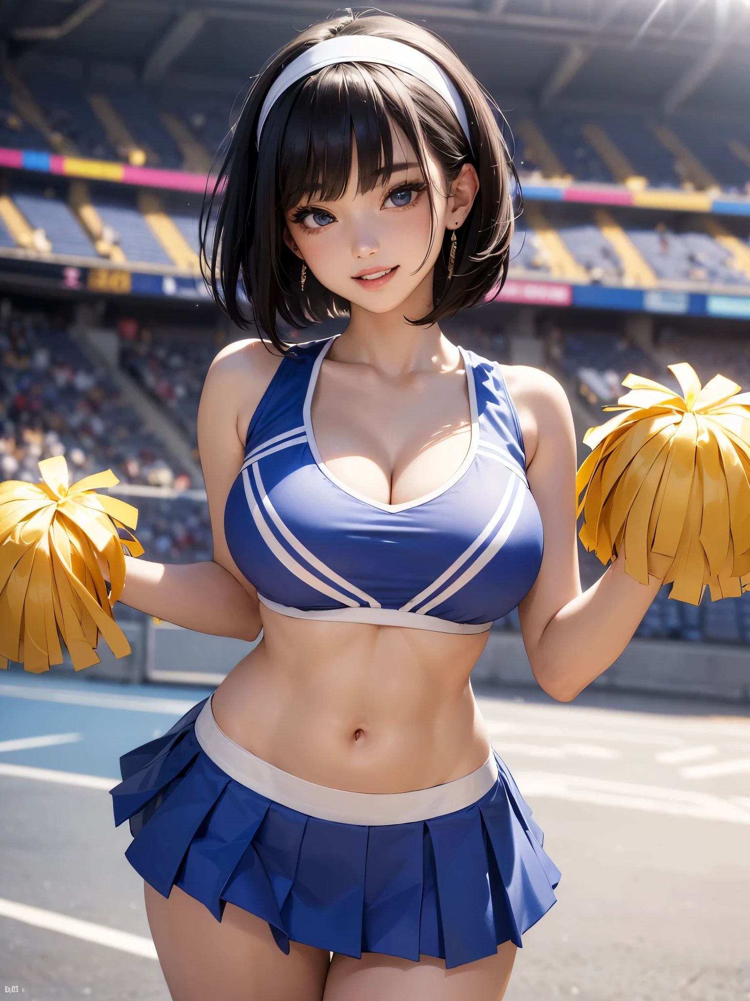 (masterpiece:1.3), (8K、best quality:1.4), (Highest image quality, intricate details, high resolution, depth field, Natural light, professional lighting), (1 girl), (solo), (asian girl, very beautiful 18 year old cartoon girl), (very beautiful woman、Beautiful woman full of charm, 美しい銀髪のbob cut, intense blue eyes, strong eye highlights, very , perfect anatomy, dynamic lighting, lip gloss), Beautiful face with perfect symmetry, beautiful detailed woman, very beautiful detailed face, very beautiful detailed eyes, Smile at the audience, laughing very happily, beautiful teeth, beautiful teeth alignment, Super detailed, very detailed, beautiful teeth, beautiful teeth alignment, Super detailed, very detailed, ((Detailed cheerleader:1.2)), light shines on your face, ((dynamic pose)), bob cut, crossed bangs, asymmetrical bangs, long neck, please show me your ears, Bansig&#39;s eyes, eyelash, cute, very big breastsiful and big, very beautiful breast shape, beautifuvage, tall supermodel, Sl with long legs, Supermodel dressed as a cheerleader, take a pose, Dressed as a cheerleader, close-up of woman, towards the camera, laughter, (cheerleader costume), ((head band, Sleeveless shirt with open chest, flare skirt, mini skirt)), Young slender gravure idol, young gravure idol, young gravure idol, Stadium background in the daytime