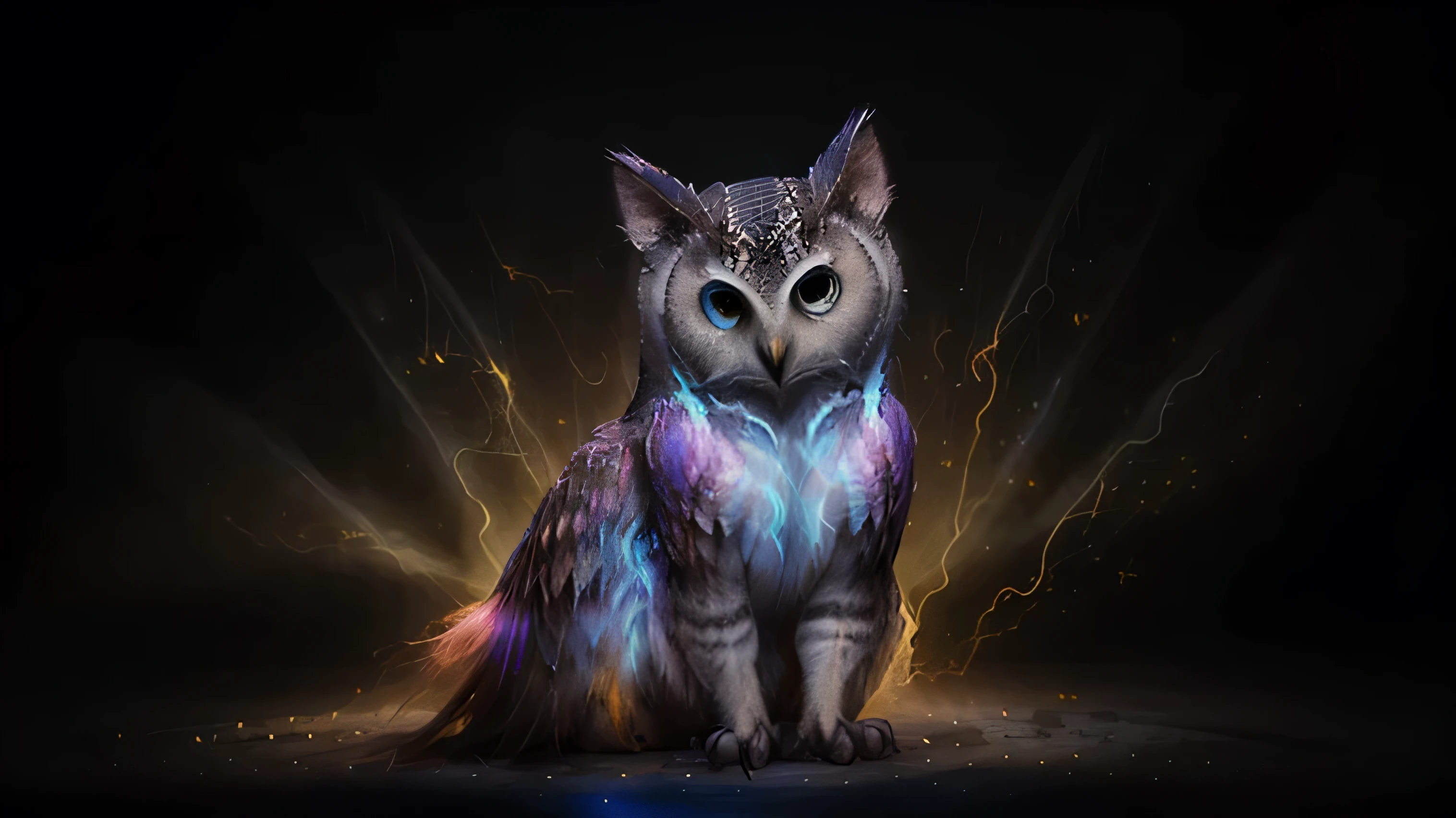 a painting of a colorful owl on a black background,, breathtaking rendering, within a radiant connection, inspired by Kinuko Y. Craft,, magical elements, kitten icon, wow, is beautiful, casting a multi colorful spell, bright flash, flash  