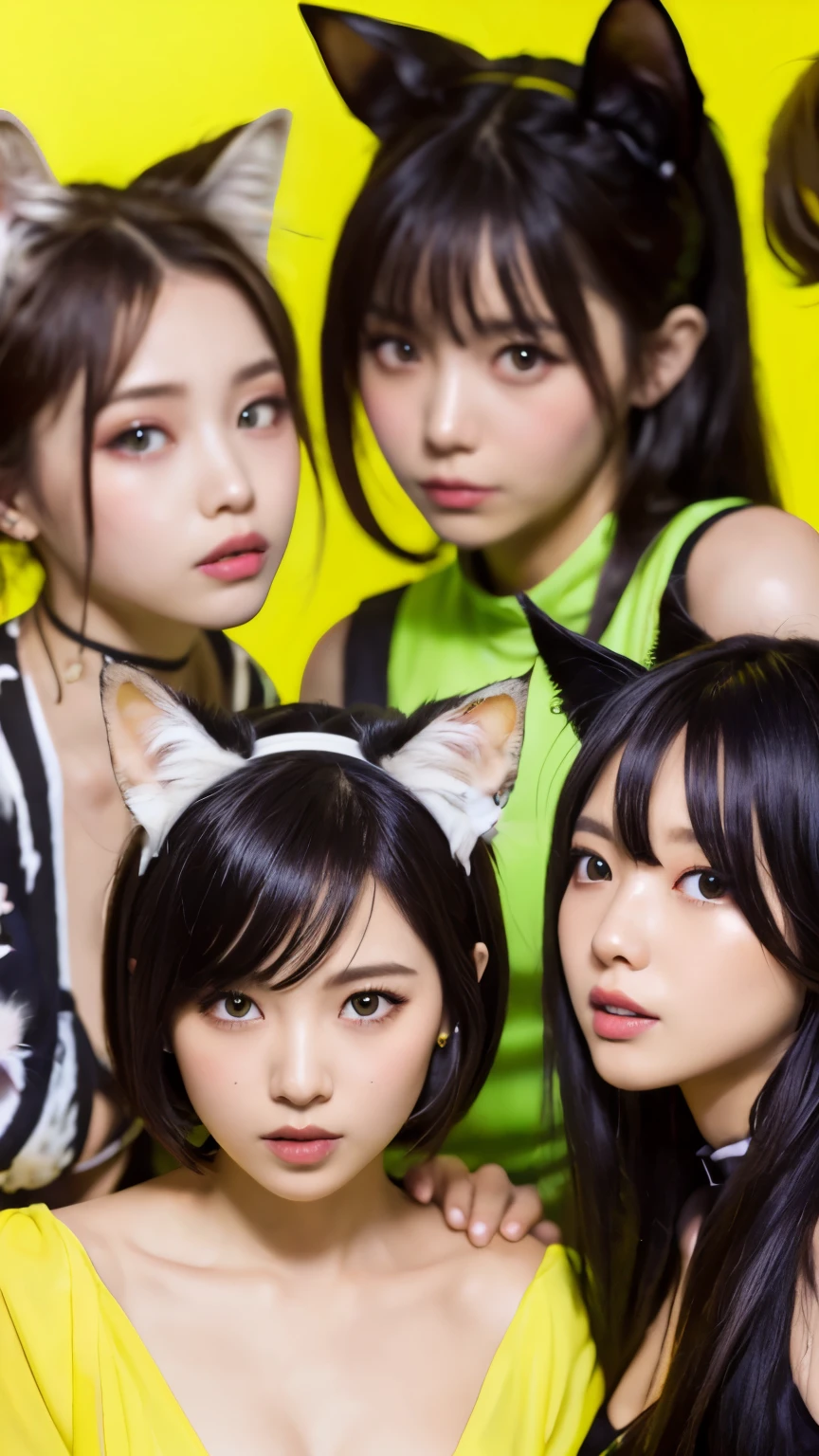 masterpiece, 4k, Bokeh, beautiful face, Harem, (multiple girls:1.4), (Group Photo:1.5), (Cat ears:1.3), (white bob hair:1.3) , looking at the viewer, cowboy shot, holding many cats in both hands, (Neon yellow background :1.4), closeup