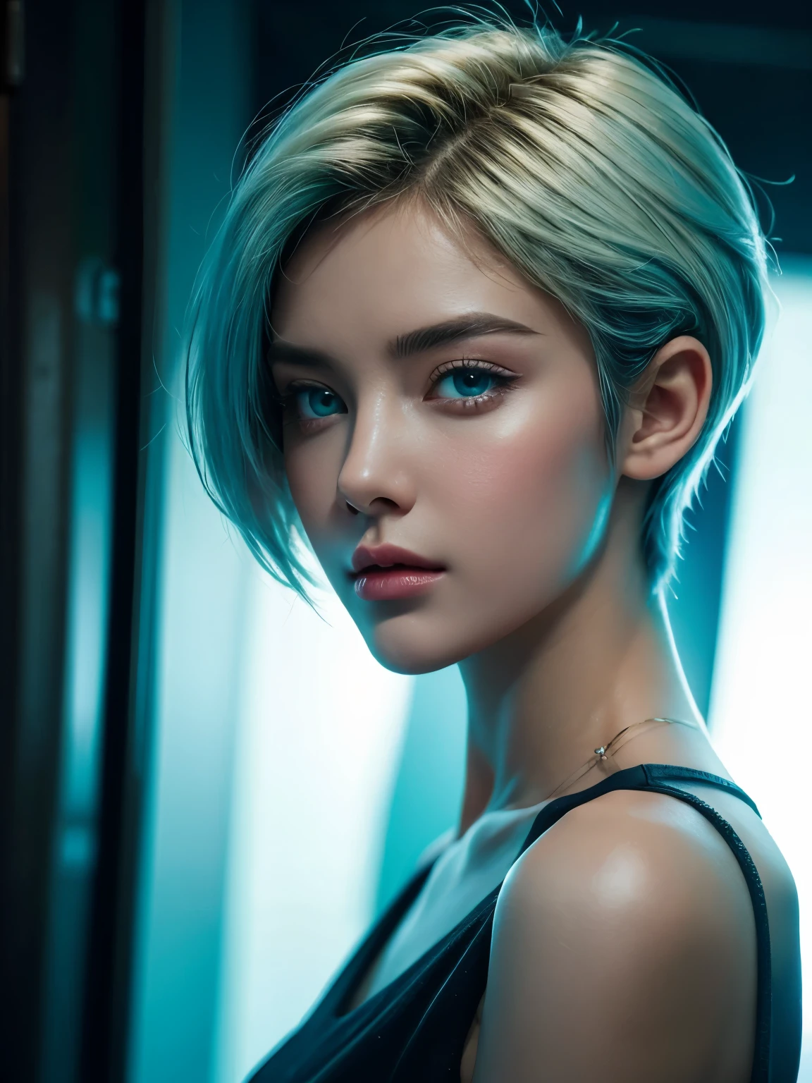 create an attractive woman with short hair, looks like she could be a model, cyan hair, pale skin, 5k, cinematic lighting, bob hairstyle