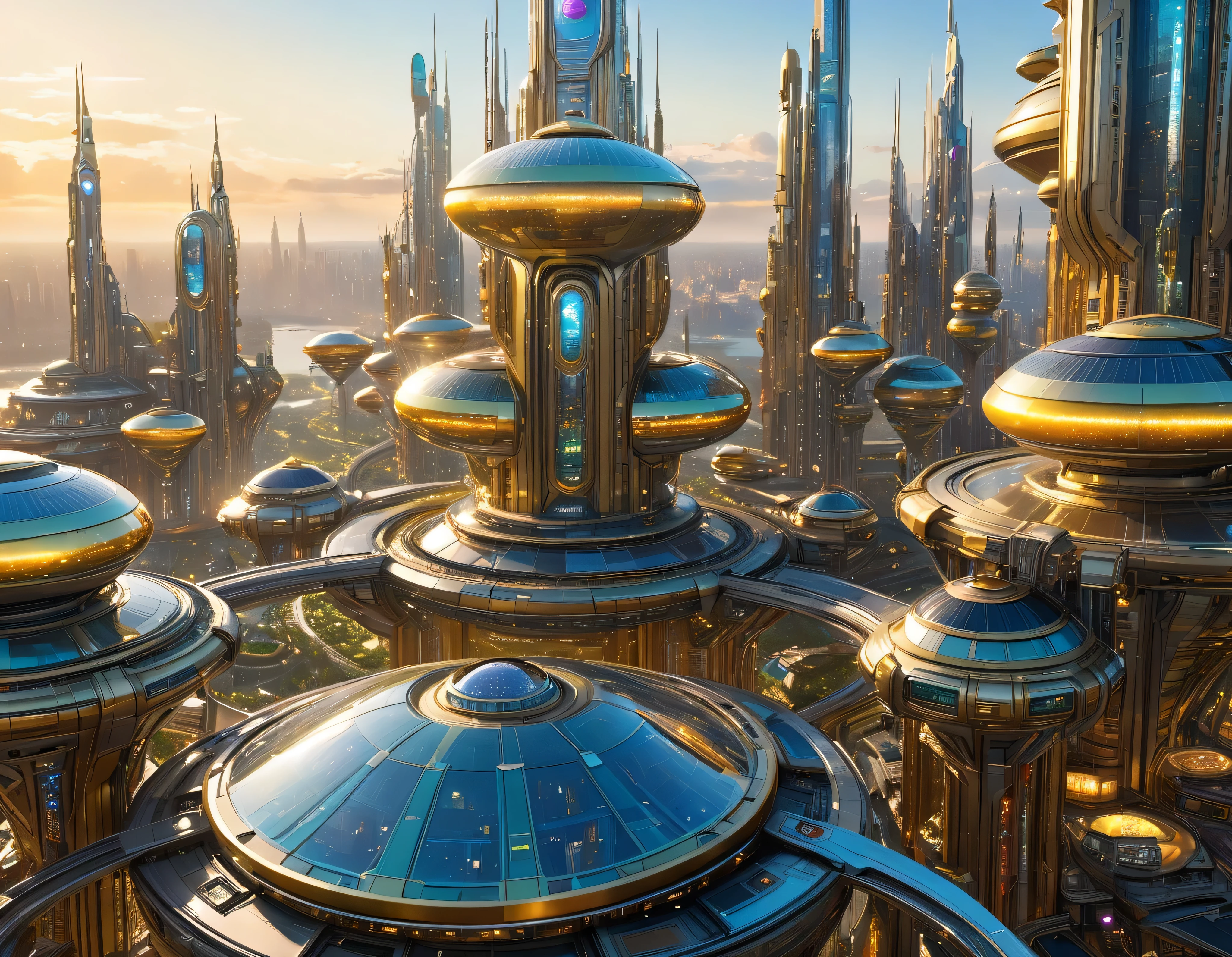 (golden hour lighting), megacity, megalopolis of an imaginary world of science fiction , parecido a una disneylandia futurista, and maximum fantasy, con inmensos edificios y rascacielos ovalados y dodecaedricos agrupados de metal y cristal donde predomina el diamante y los anuncios luminosos de colores. imagen bien definida 8k, (intrincados detalles de la maquina), con muchos edificios juntos.(obra maestra de superior calidad).(imagen fotorrealista), nitidez absoluta hasta el fondo