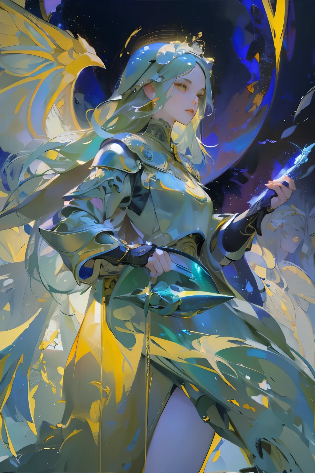 ((raw photo)), ((masterpiece)), anthropomorphic humanoid AngelGirl wearing nun's armor, intricate detail, futobot, intricate Greebles pieces, sea behind, yellow wings, beautiful, detailed eyes and lips